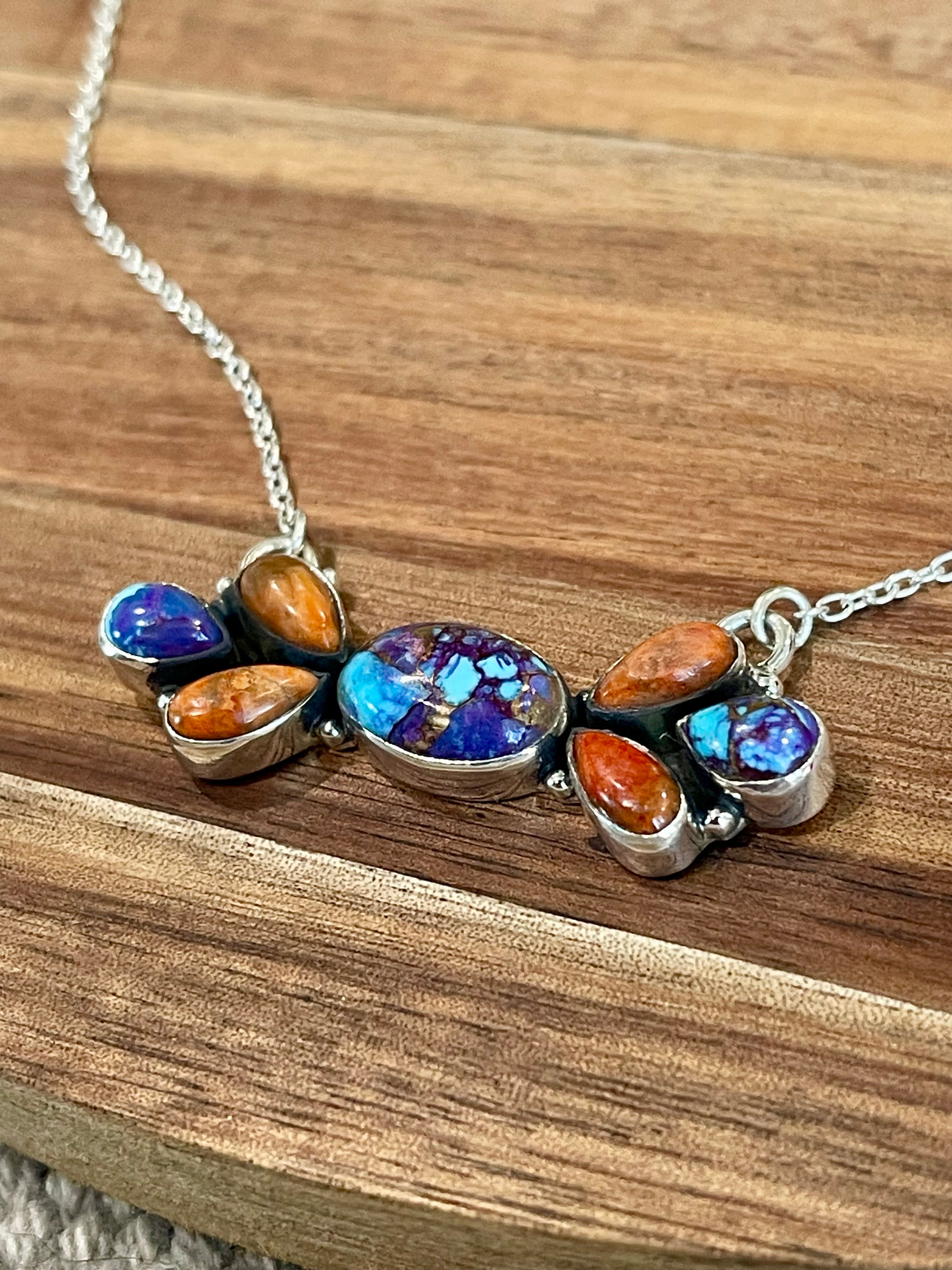 Handmade Sterling Silver, Purple Mojave & Orange Mojave Bar Necklace