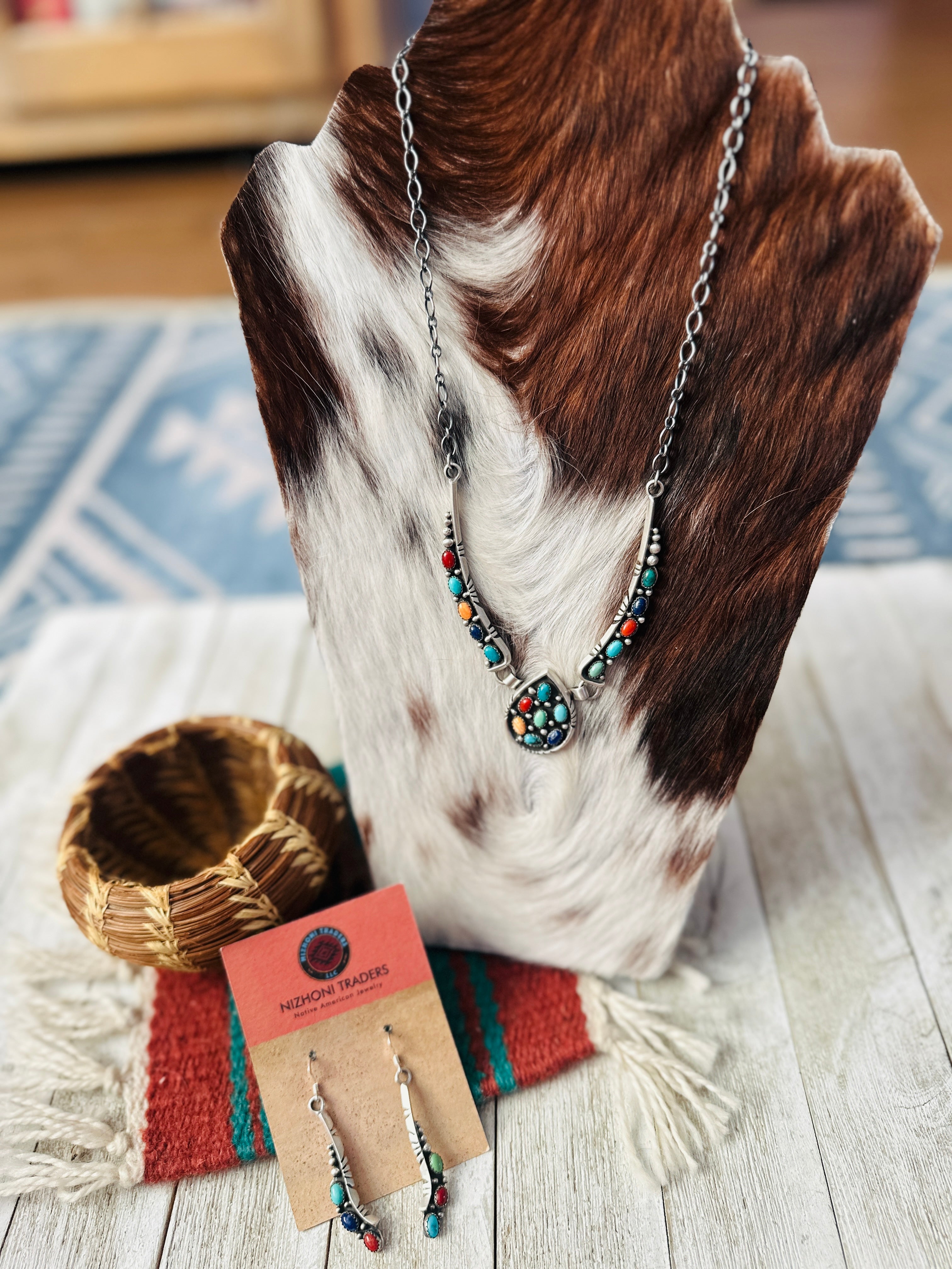 Handcrafted Multi Stone & Sterling Silver Cluster Necklace and Earring Set by Charles Johnson