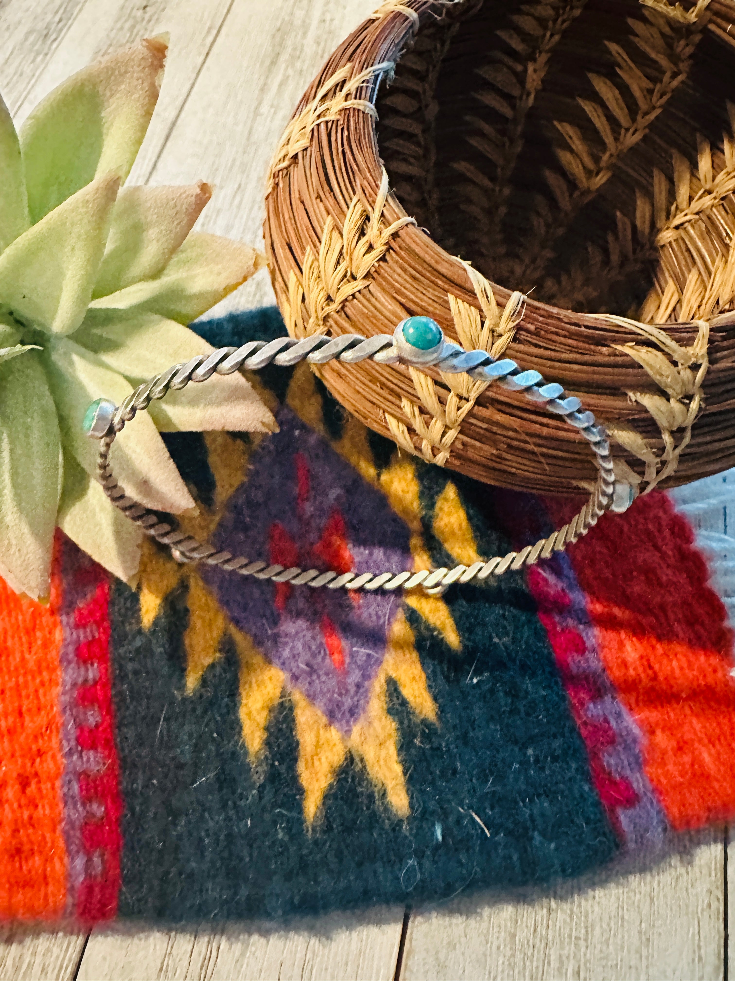 Navajo Twisted Sterling Silver & Turquoise Bangle Bracelet