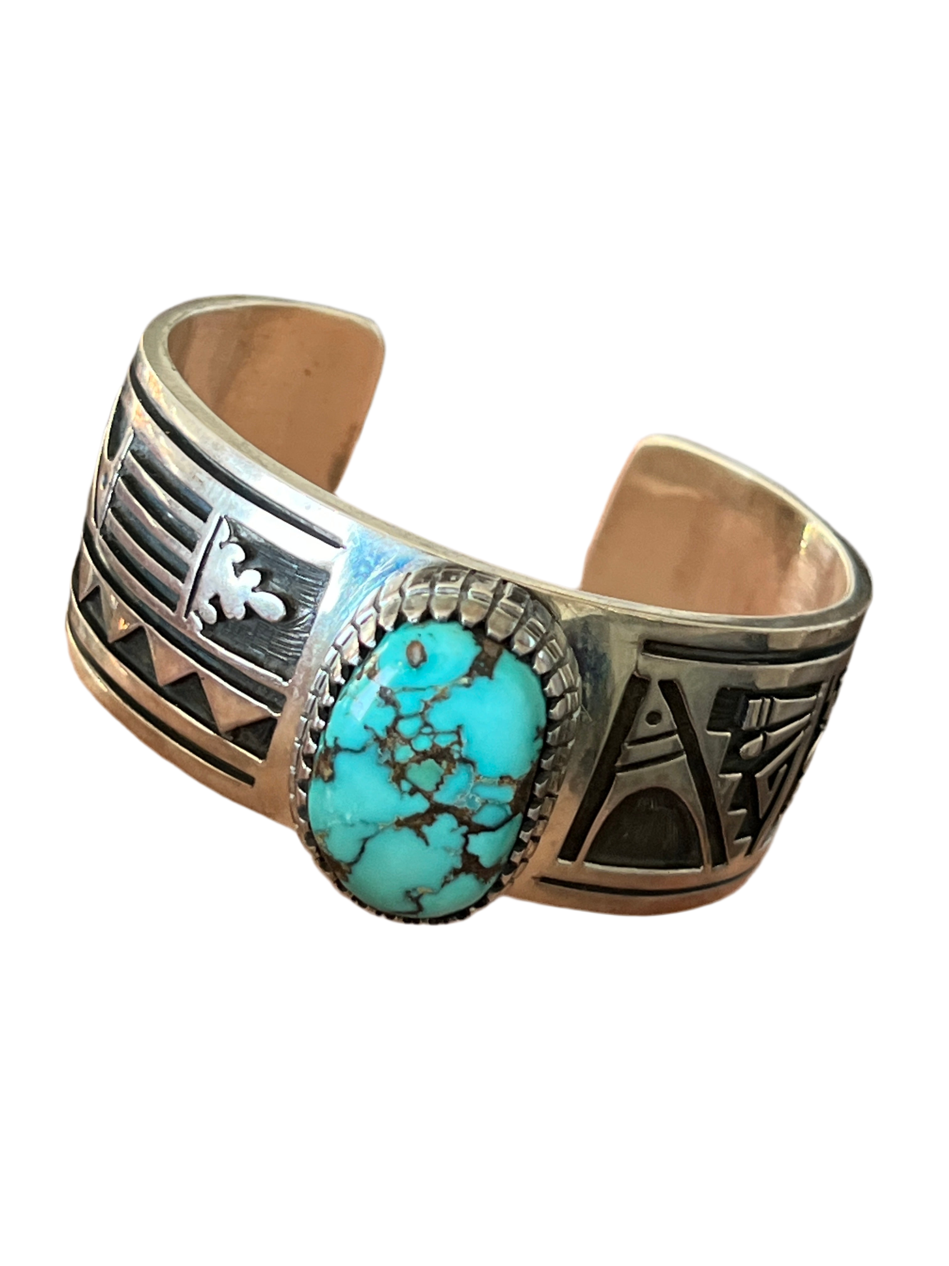 Handcrafted Timmy Earl Yazzie Kilt Design Sterling and Turquoise Cuff