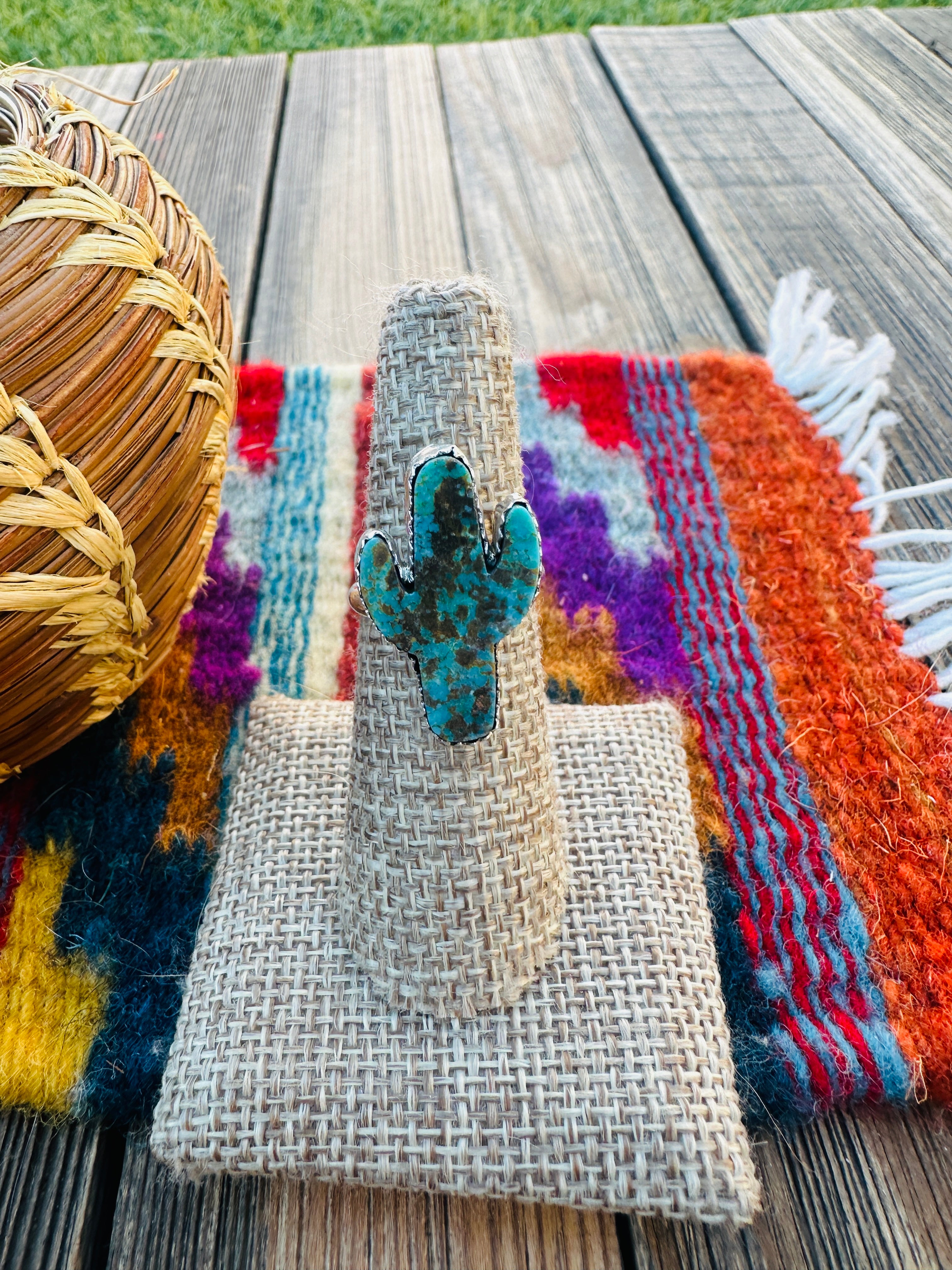 Handcrafted Turquoise & Sterling Silver Cactus Adjustable Ring