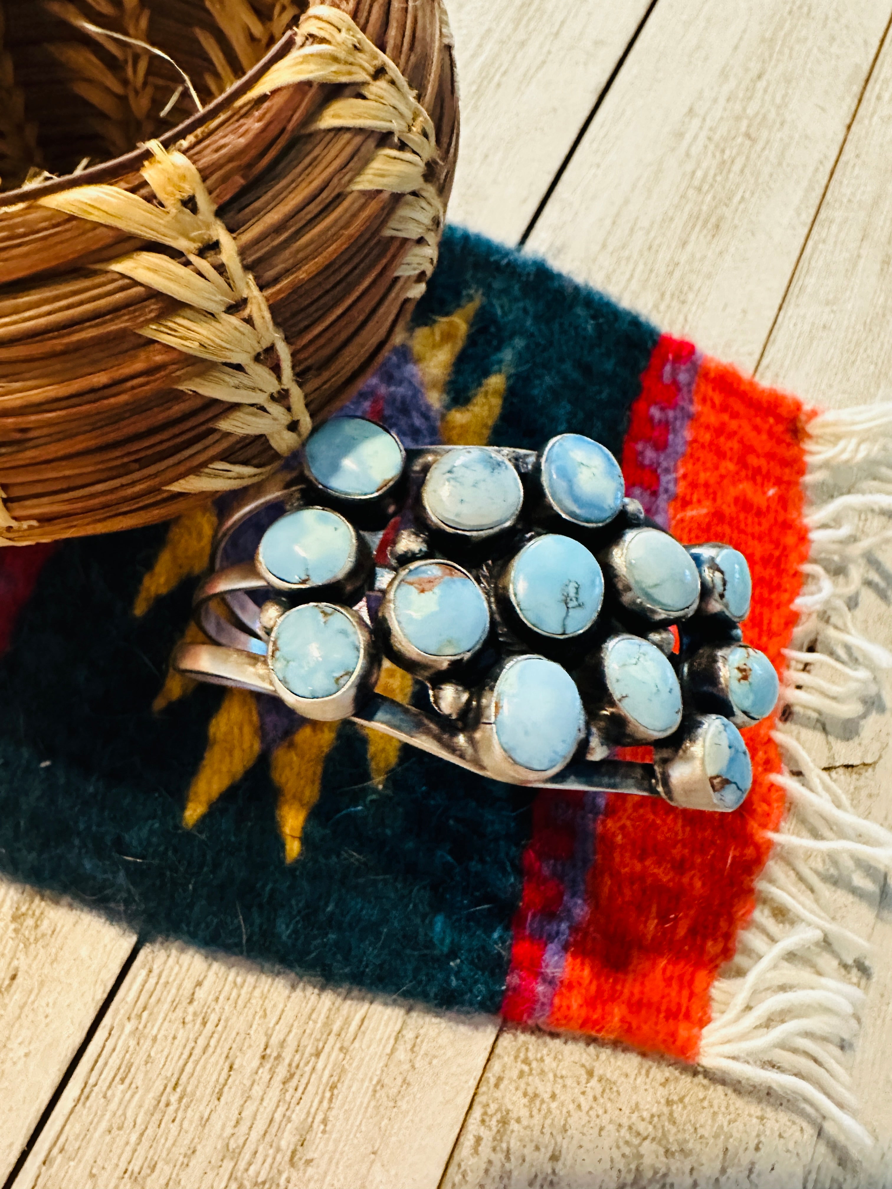 Navajo Golden Hills Turquoise & Sterling Silver Cluster Cuff Bracelet