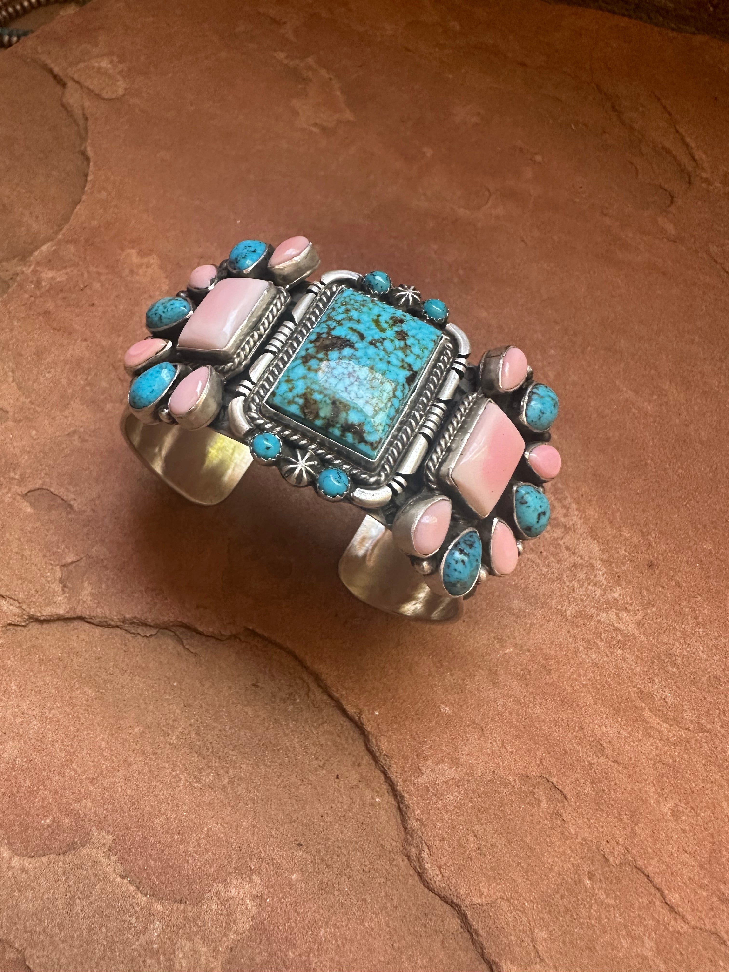 Navajo Sterling Silver, Pink Conch & Turquoise Bracelet Cuff Signed Larry James