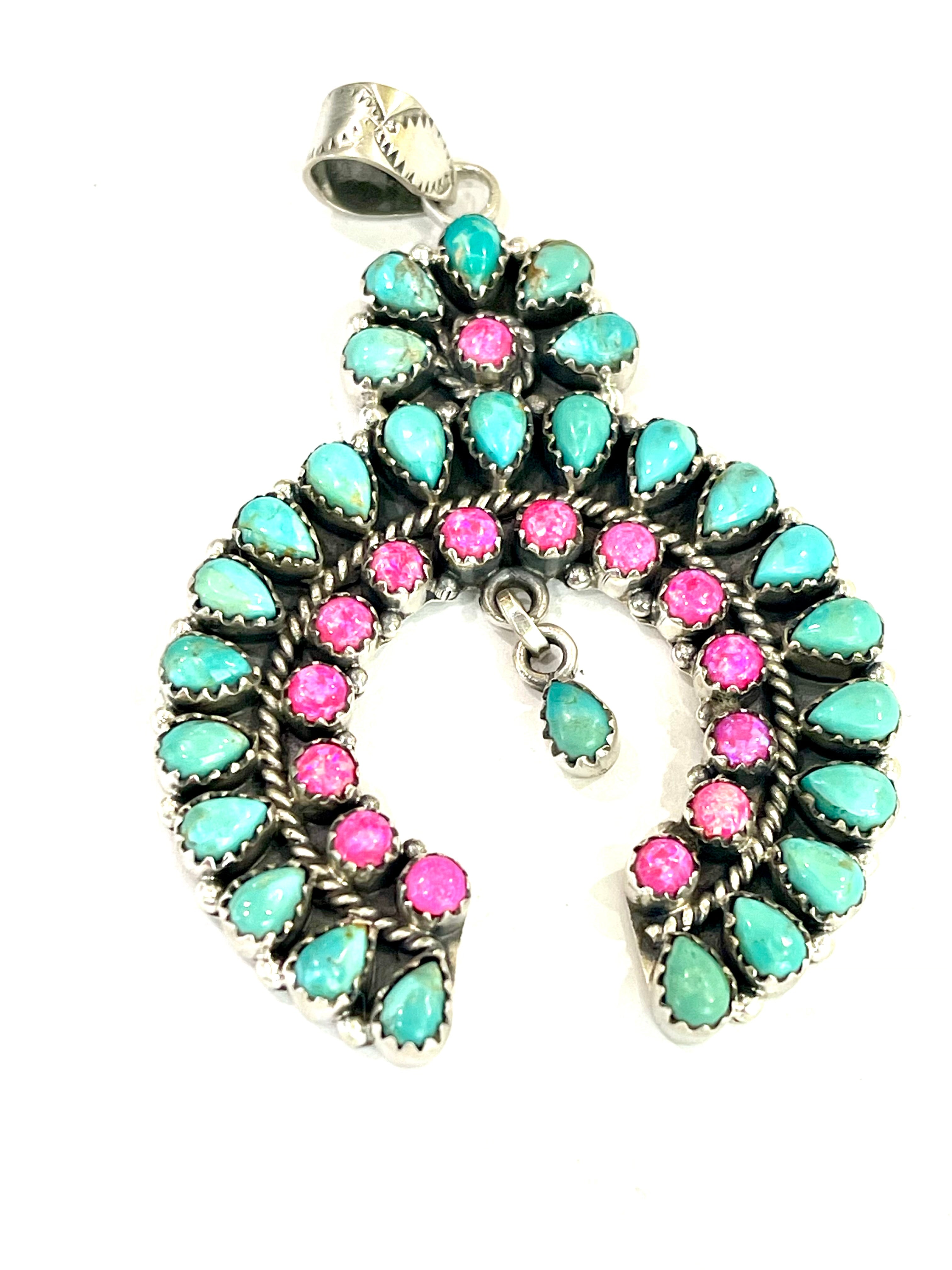 Handmade Sterling Silver , Turquoise & Pink Fire Opal Cluster Naja Pendant