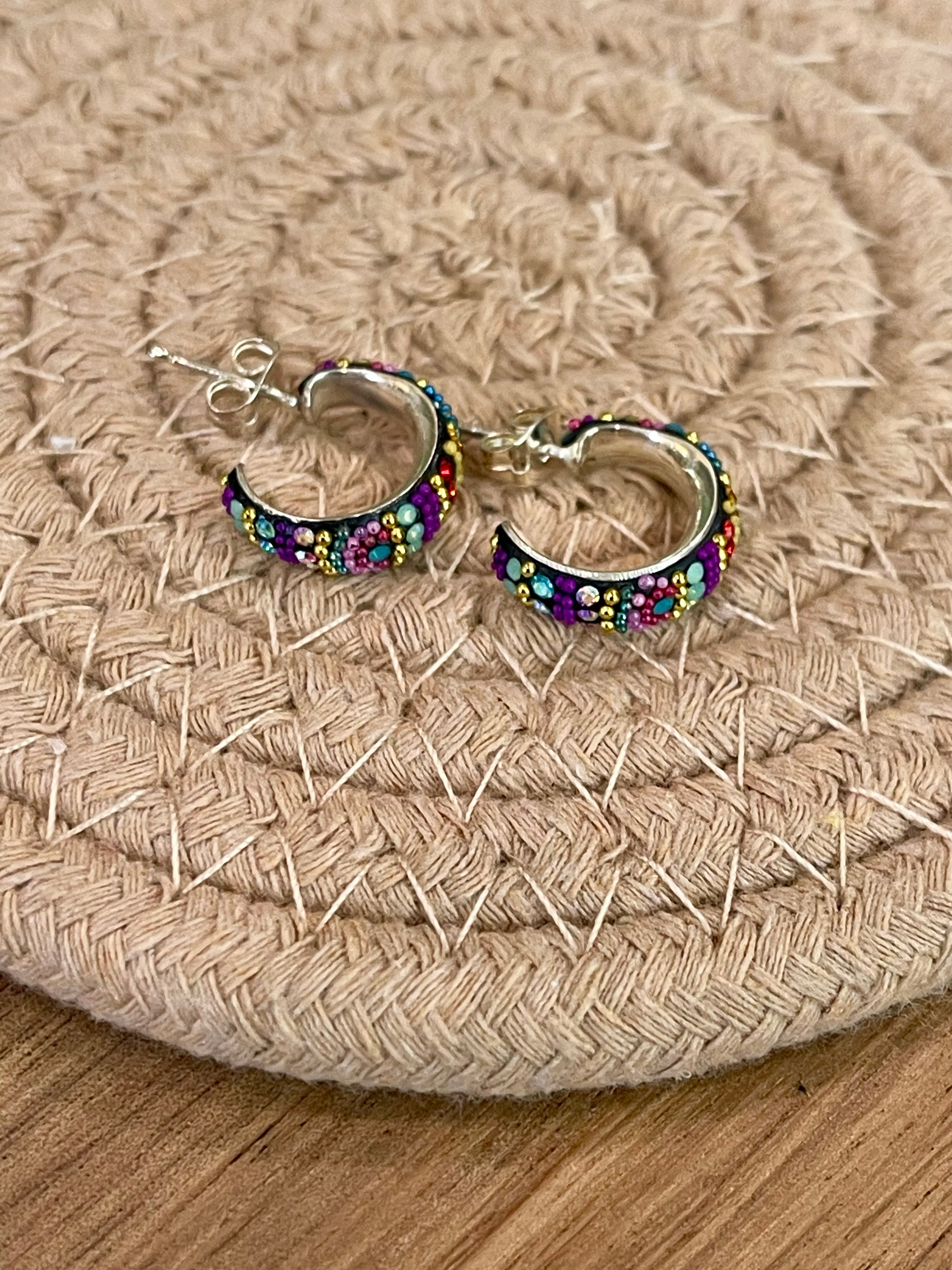 Handmade In Mexico Sterling Silver  , Multi Color Swarovski Crsytal Hoop Earrings
