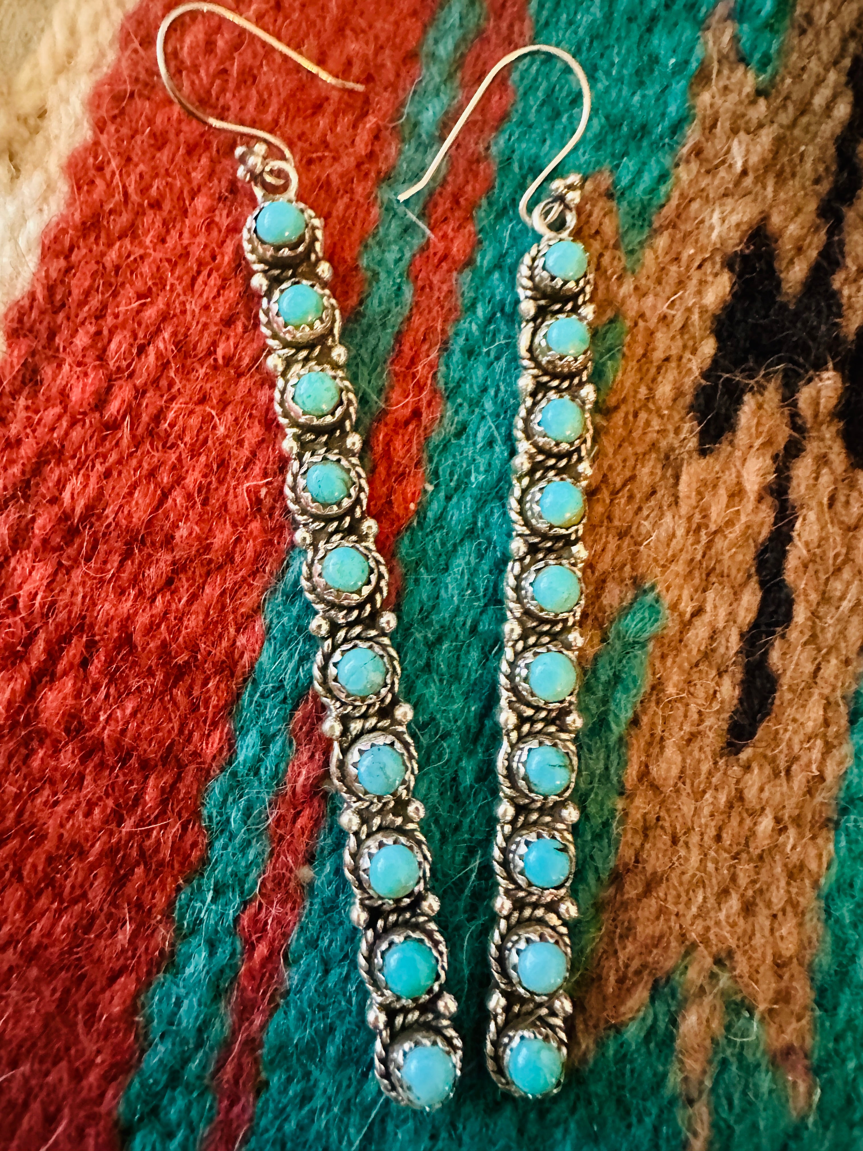 Handmade Turquoise & Sterling Silver Straight Wire Dangle Earrings Signed Nizhoni