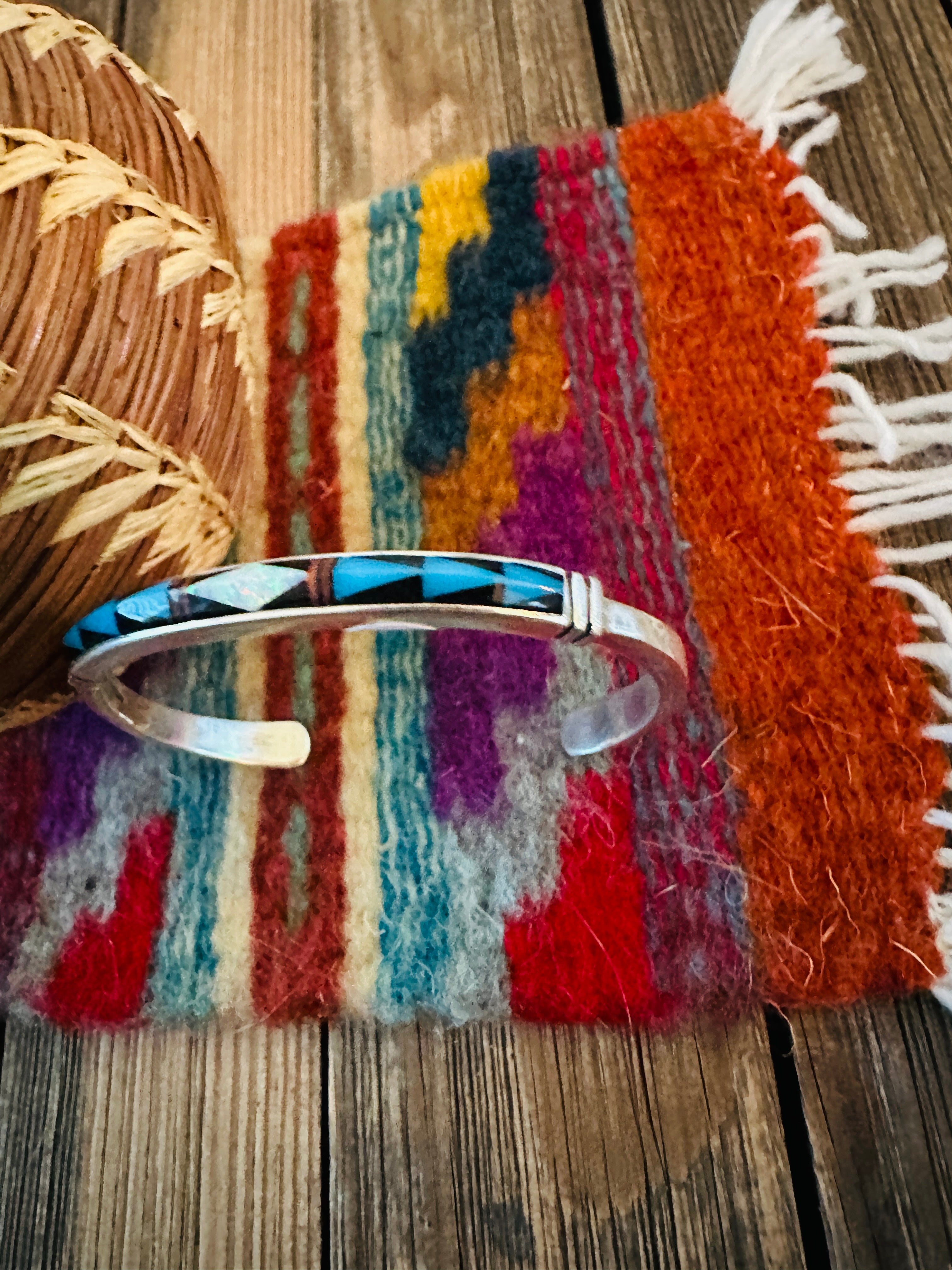 Handcrafted Multi Stone & Sterling Silver Inlay Cuff Bracelet