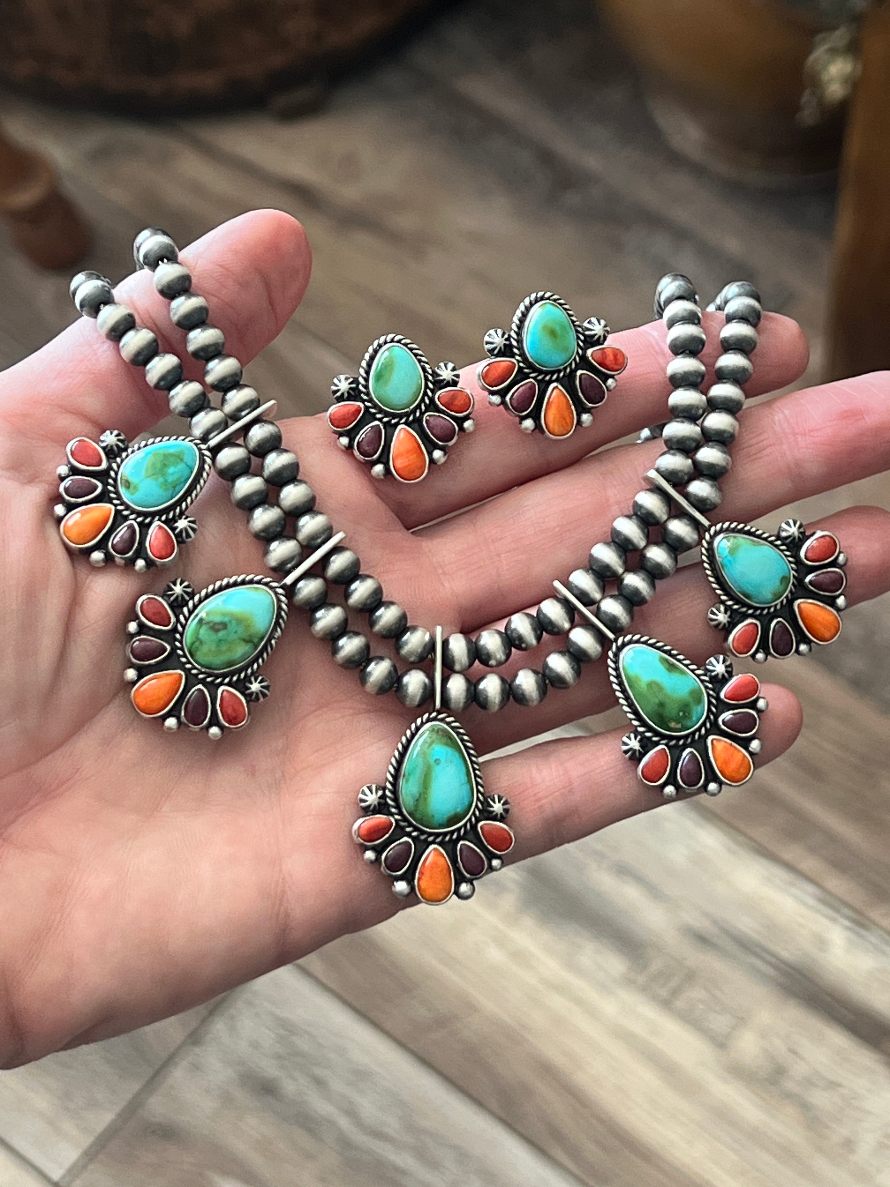 Handcrafted Sterling Silver Electric Rainbow Beaded Cluster Necklace & Earrings Set by Angela Martin