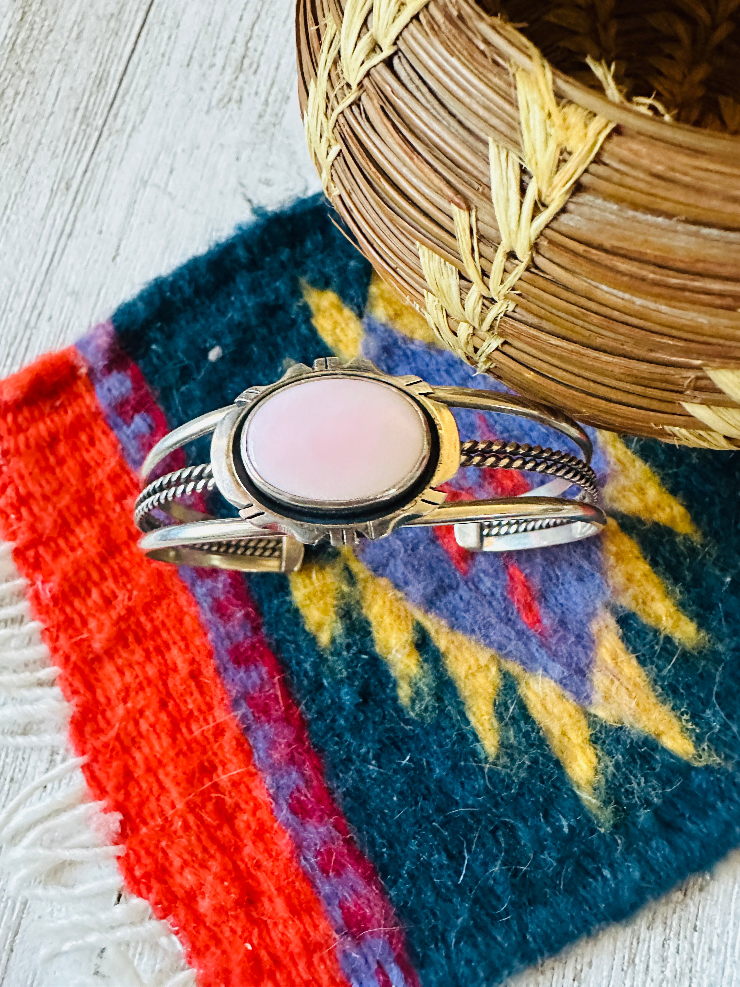 Navajo Queen Pink Conch Shell & Sterling Silver Cuff Bracelet