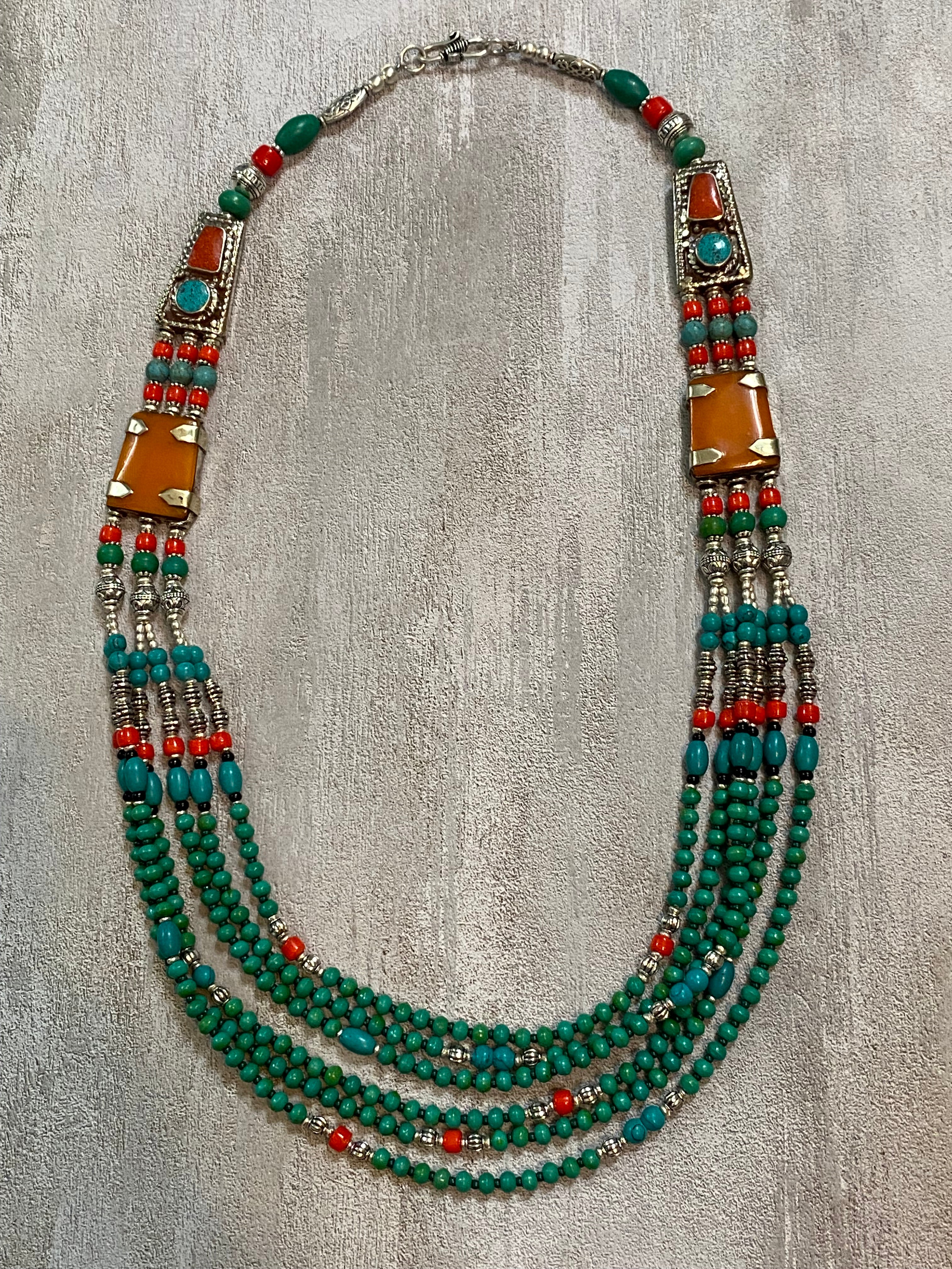 Silver Plated Tibetan Style Six Strand Turquoise, Red Coral, & Orange Spiny Beaded Necklace