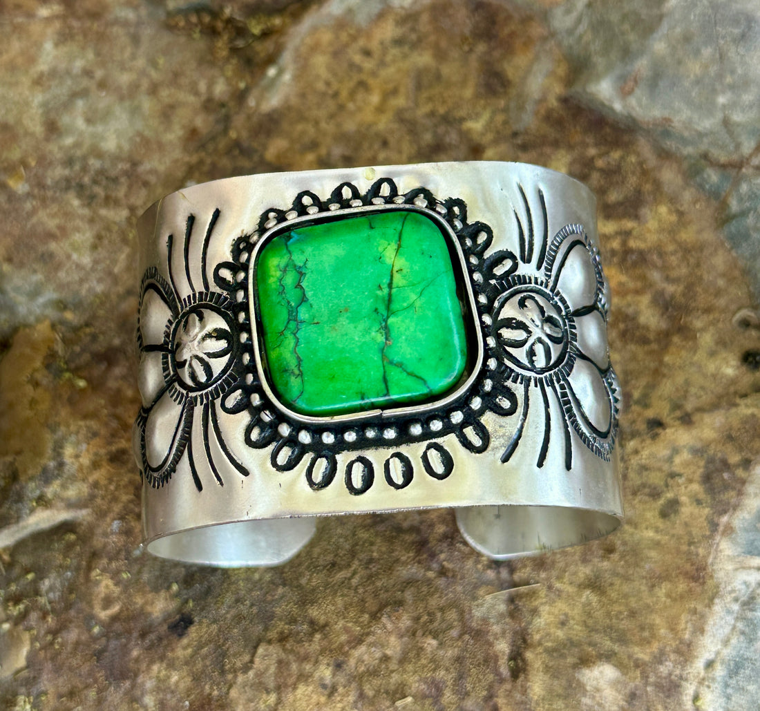 Engraved Silver Plated Cuff Bracelet with Green Stone