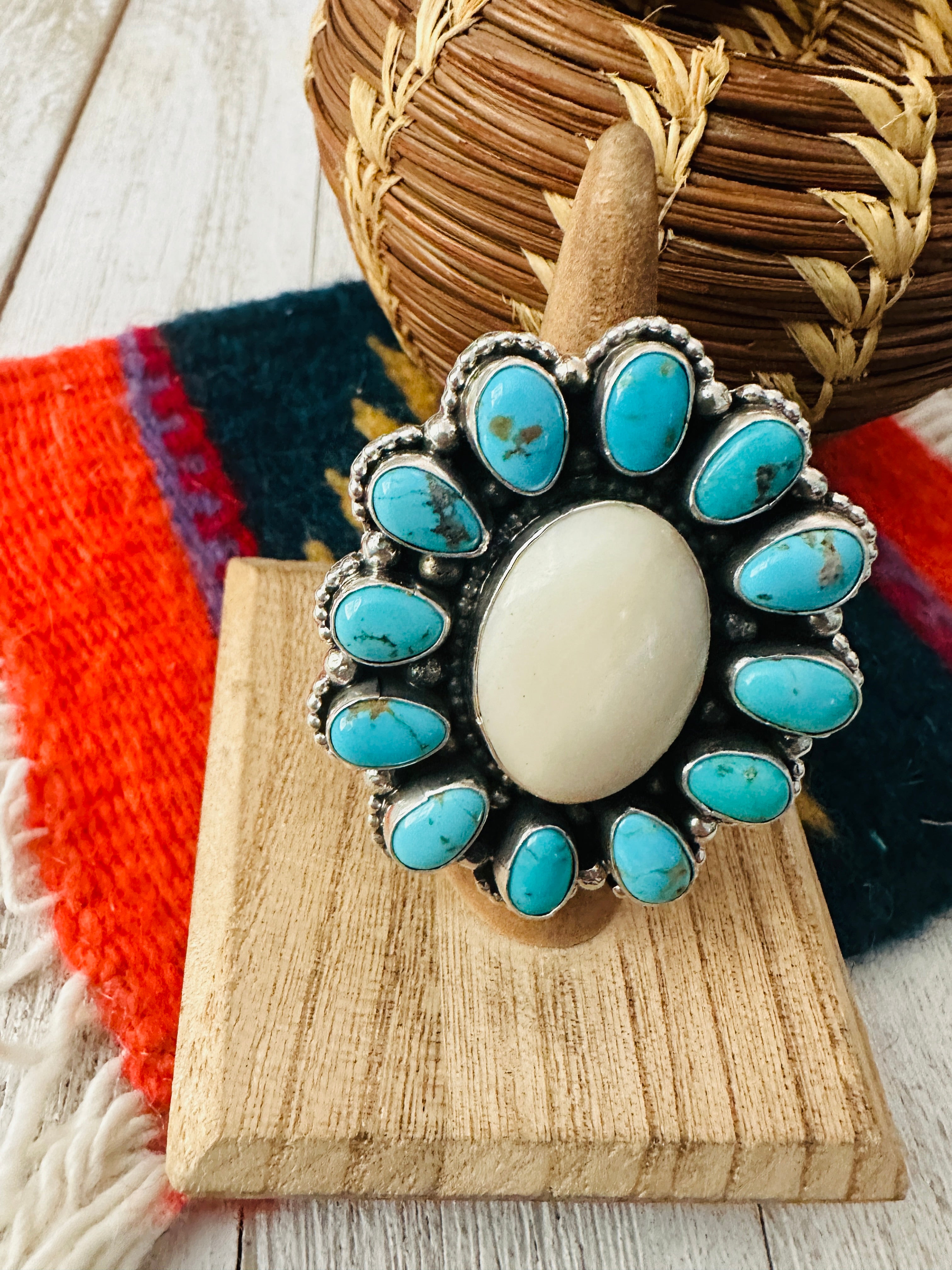 Navajo Sterling Silver, Turquoise & Mother of Pearl Cluster Adjustable Ring