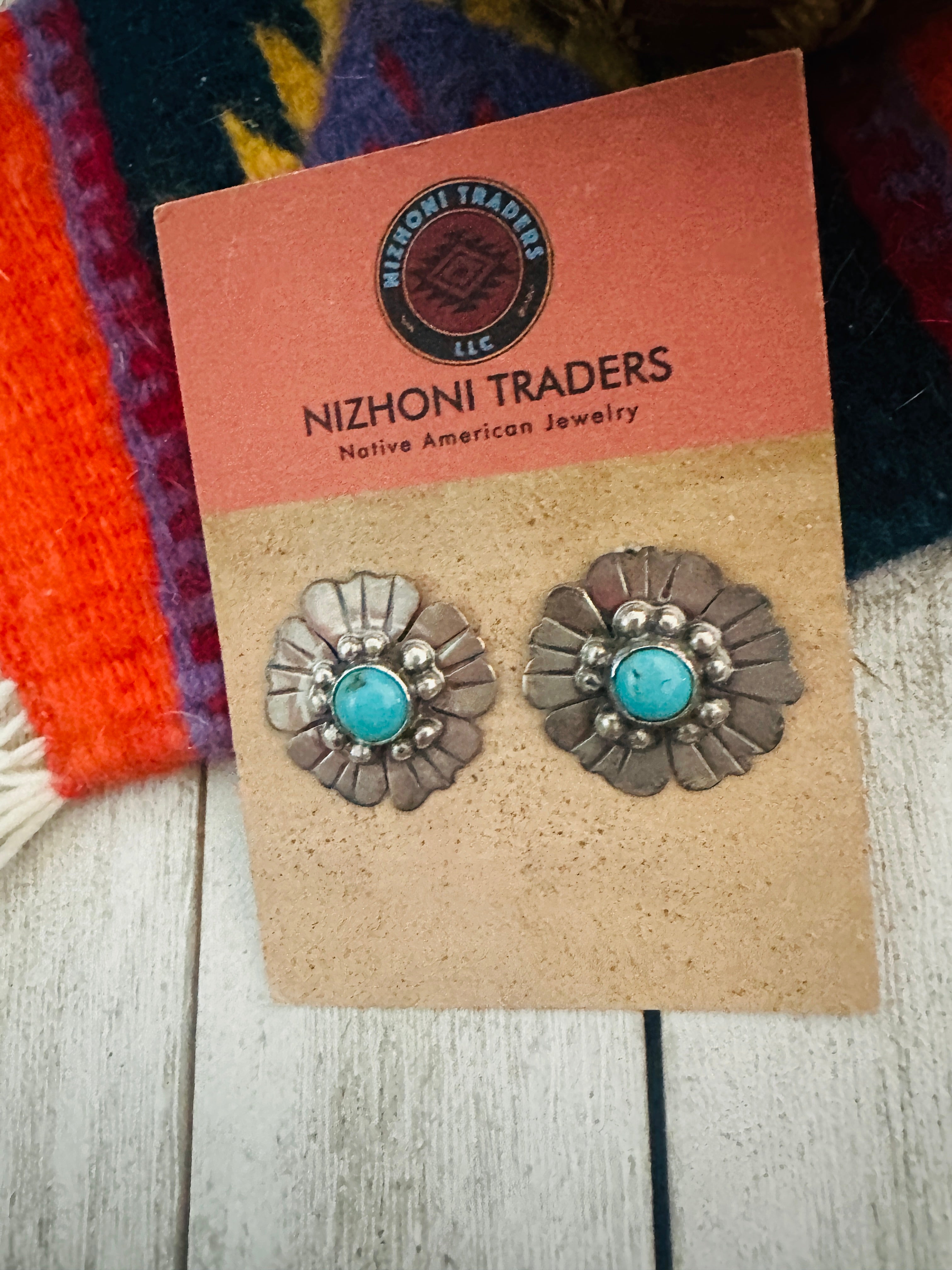 Navajo Turquoise and Sterling Silver Flower Post Earrings