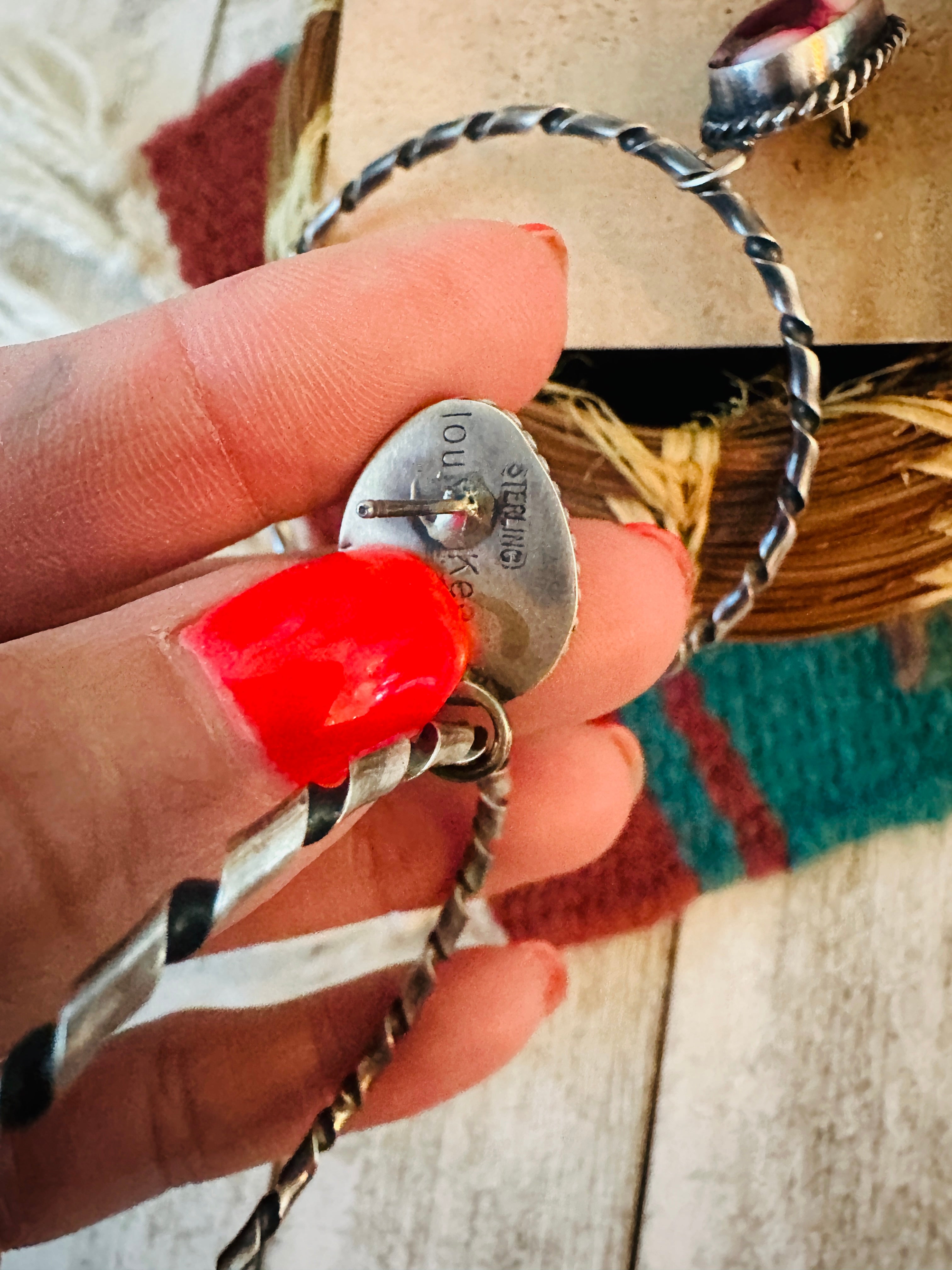 Navajo Rose Dahlia and Sterling Silver Dangle Hoop Earrings