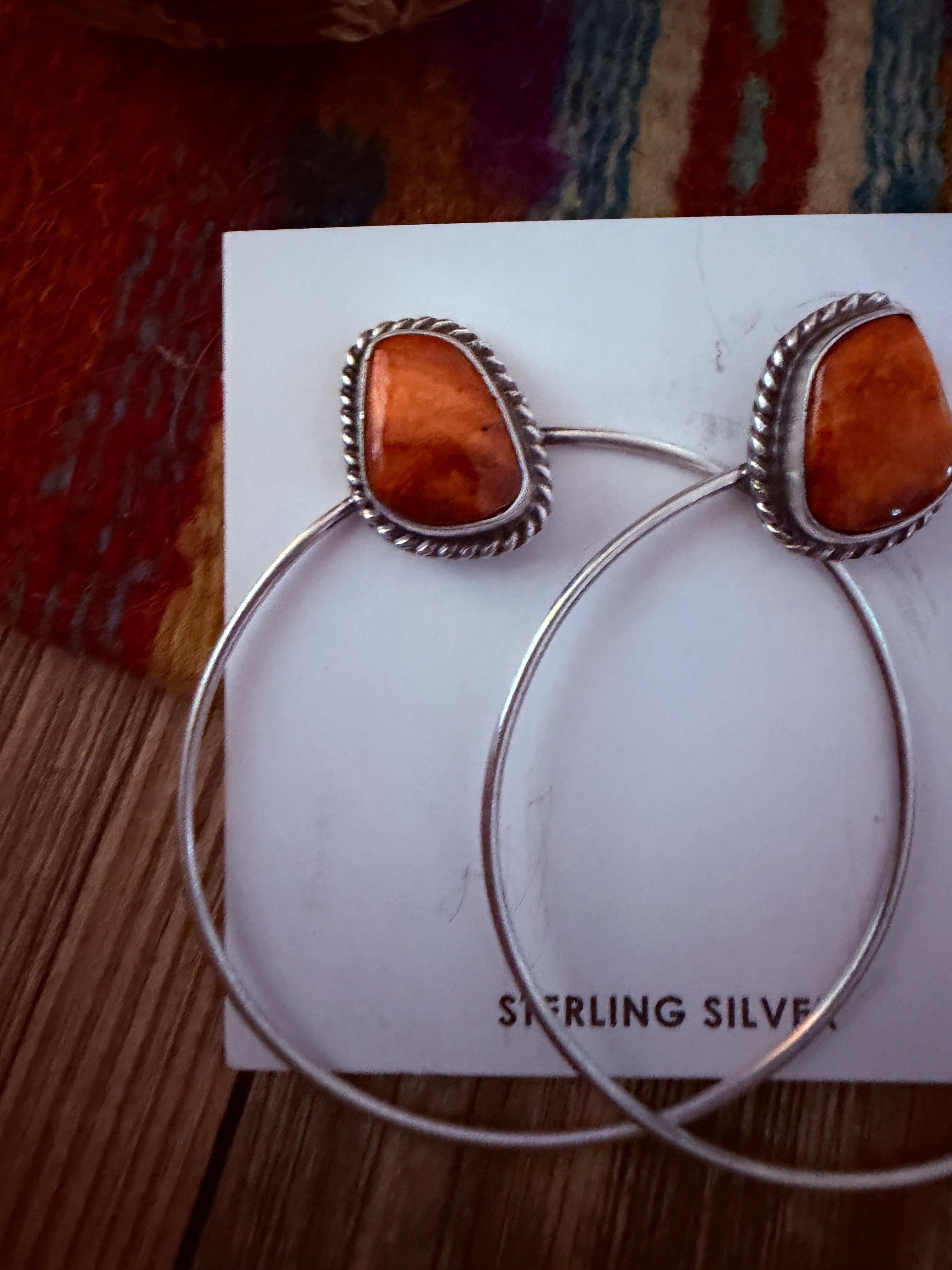 Handcrafted Orange Spiny and Sterling Silver Dangle Hoop Earrings by Elouise Kee