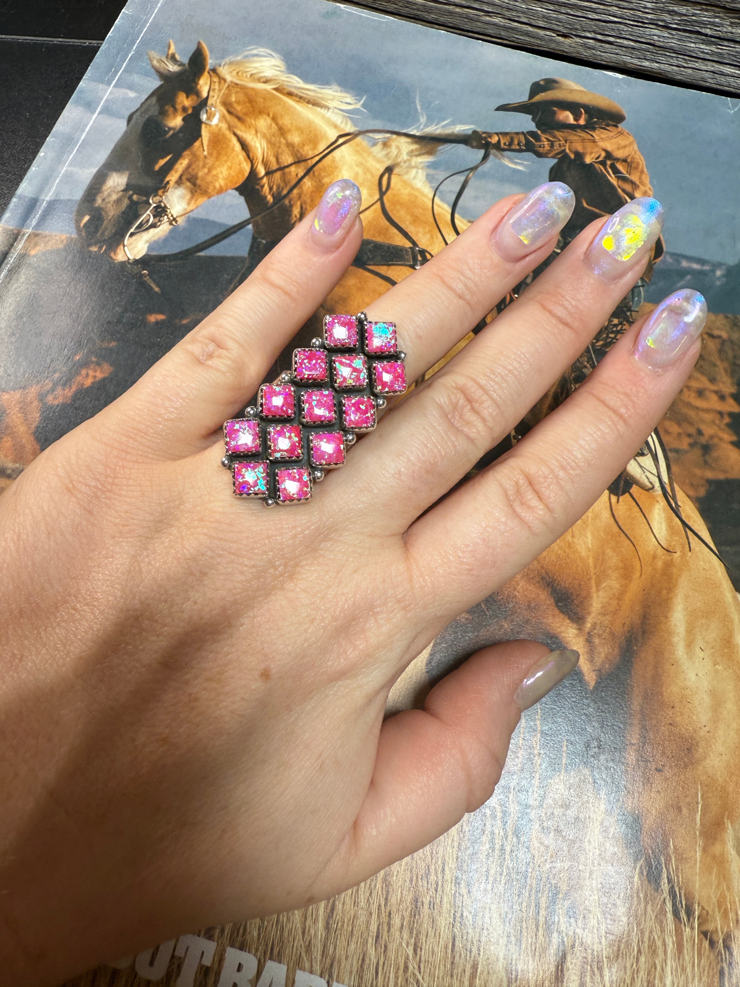 Handmade Adjustable Hot Pink Fire Opal Sterling Silver Ring