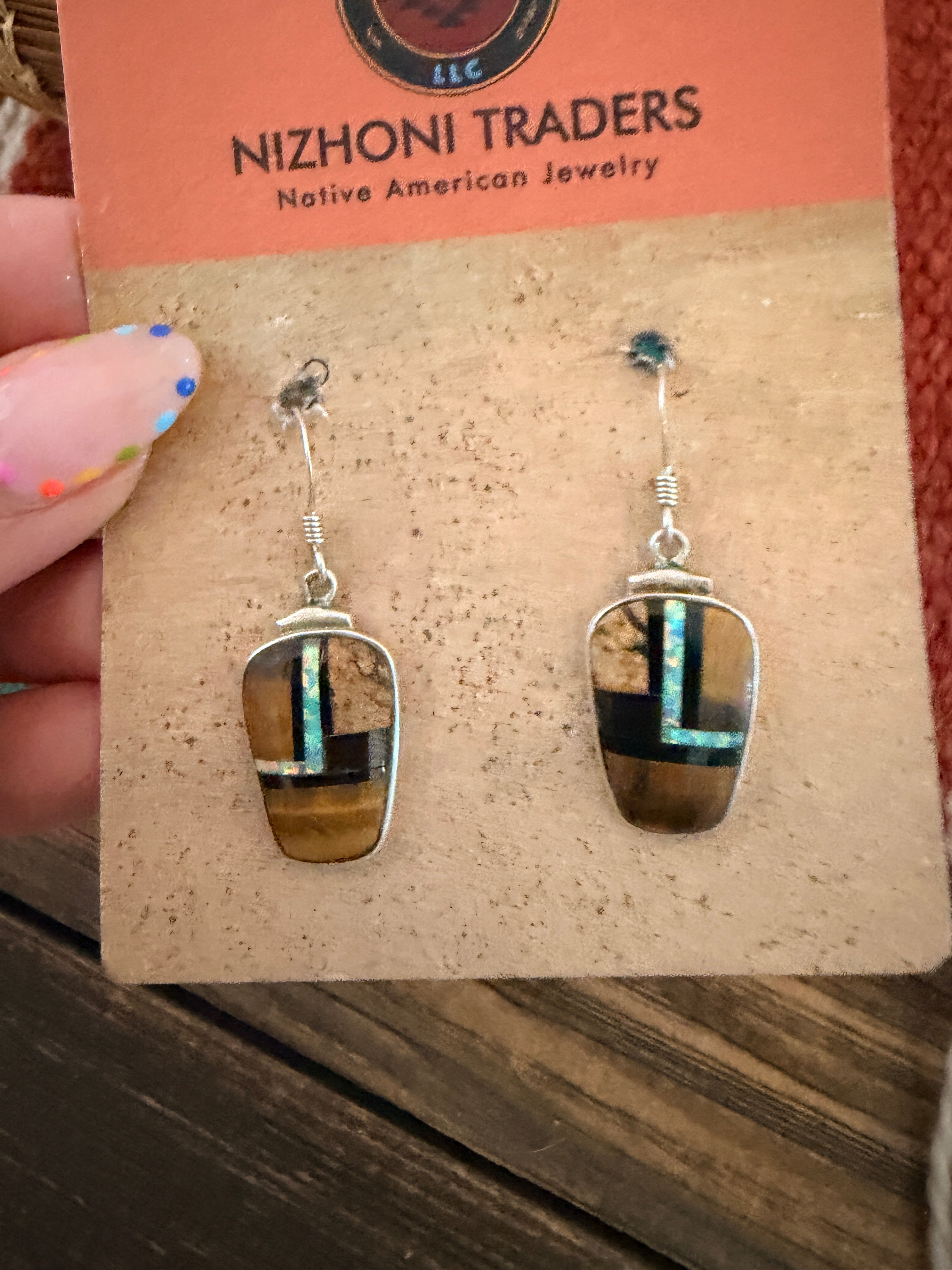 Old Pawn Handcrafted Sterling Silver & Multi Stone Inlay Dangle Earrings