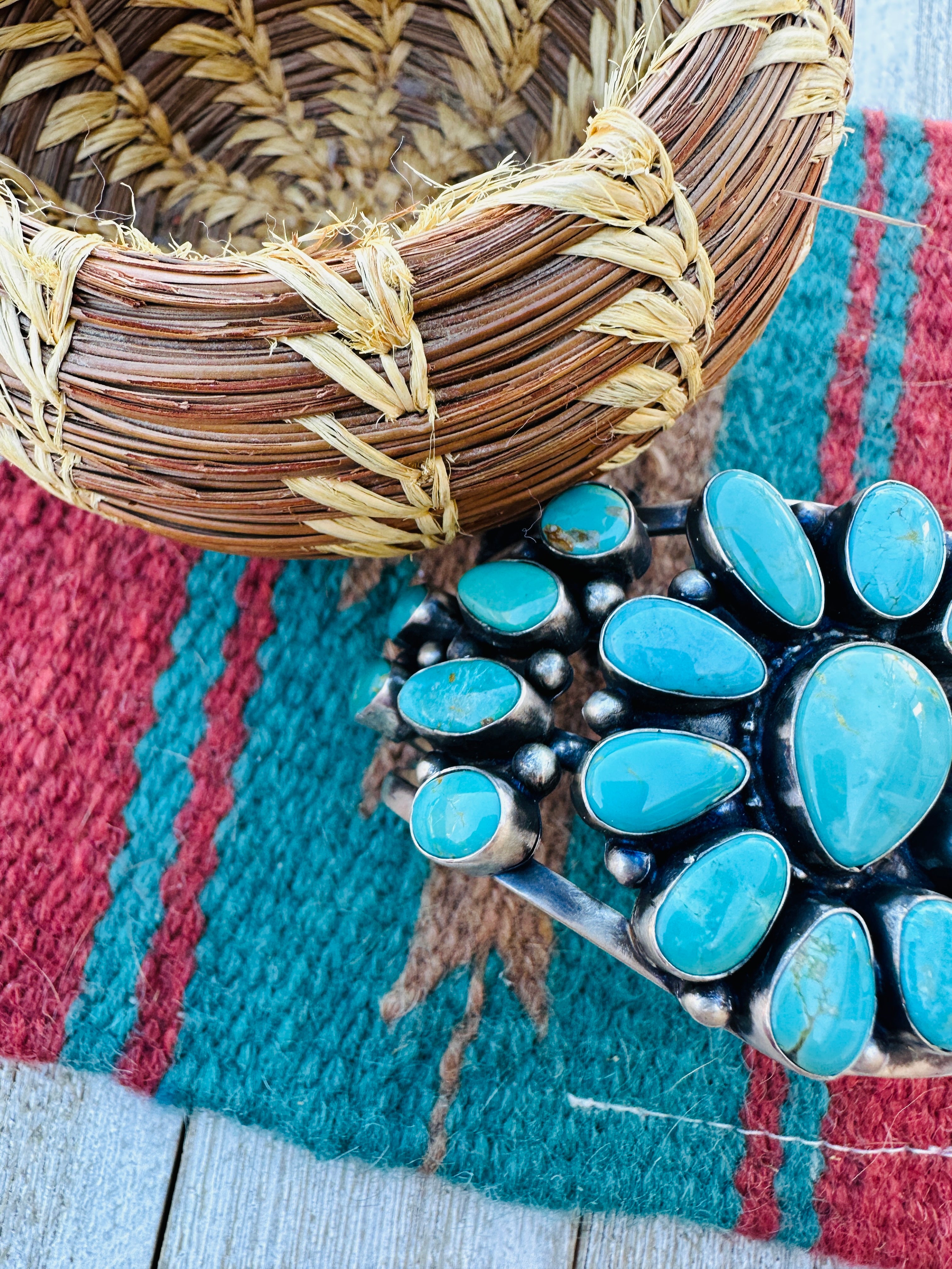 Handcrafted Sterling Silver & Blue Water Turquoise Cluster Cuff Bracelet by Bobby Johnson