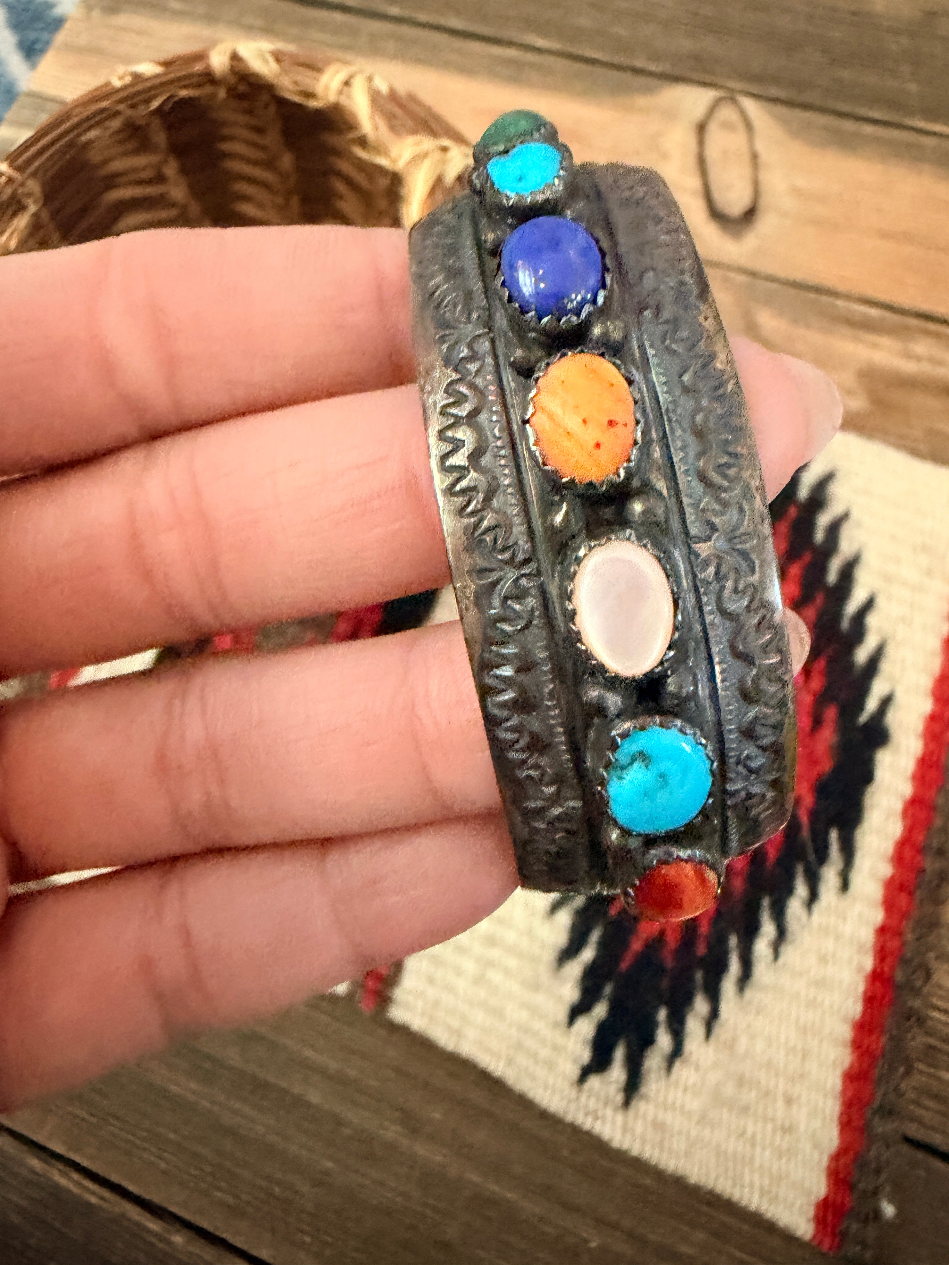 Handcrafted Old Pawn Sterling Silver & Multi Stone Cuff Bracelet by Wilbert Begay