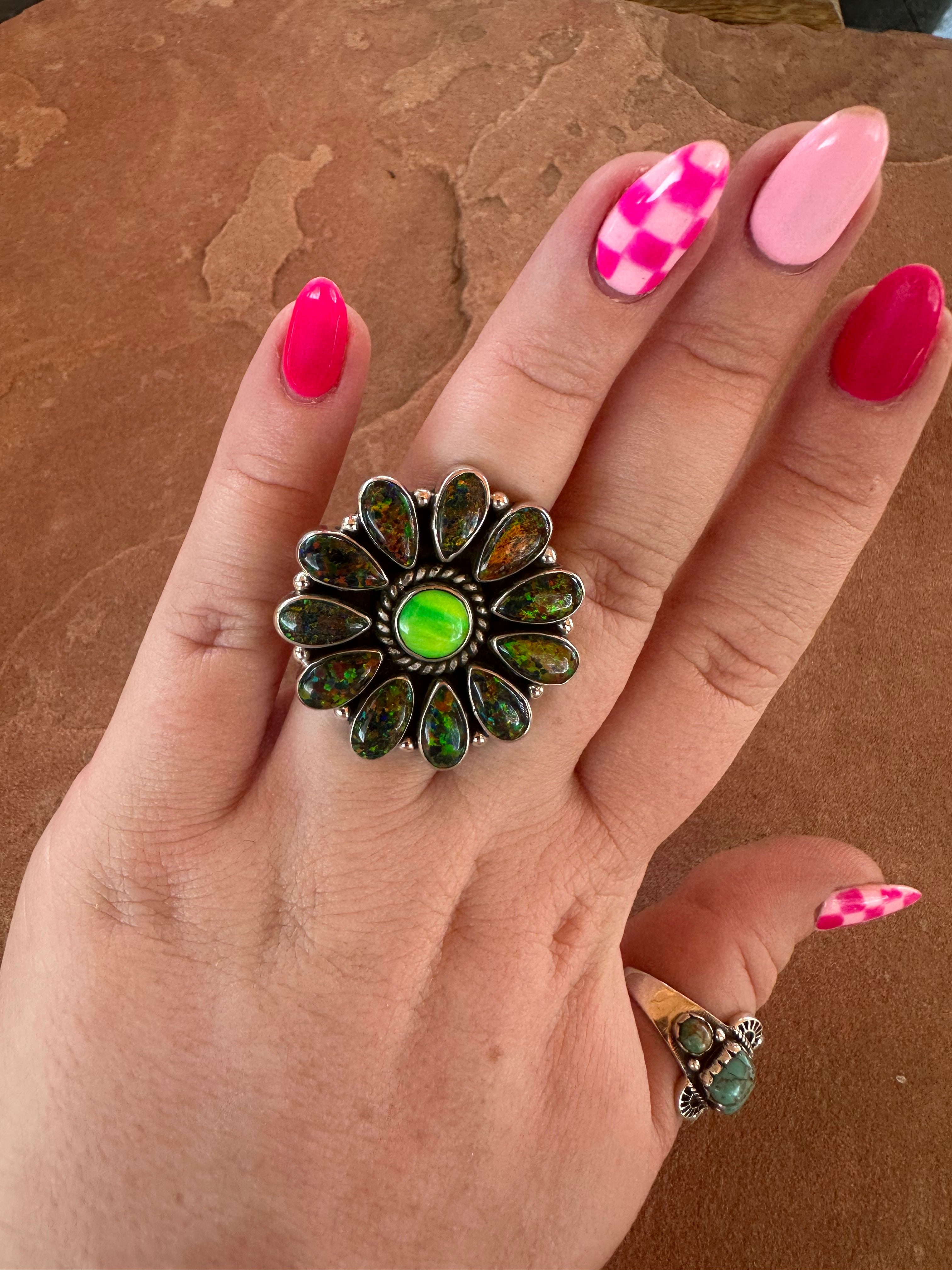 Beautiful Handmade Neon Opal, Navy Fire Opal And Sterling Silver Adjustable Flower Ring