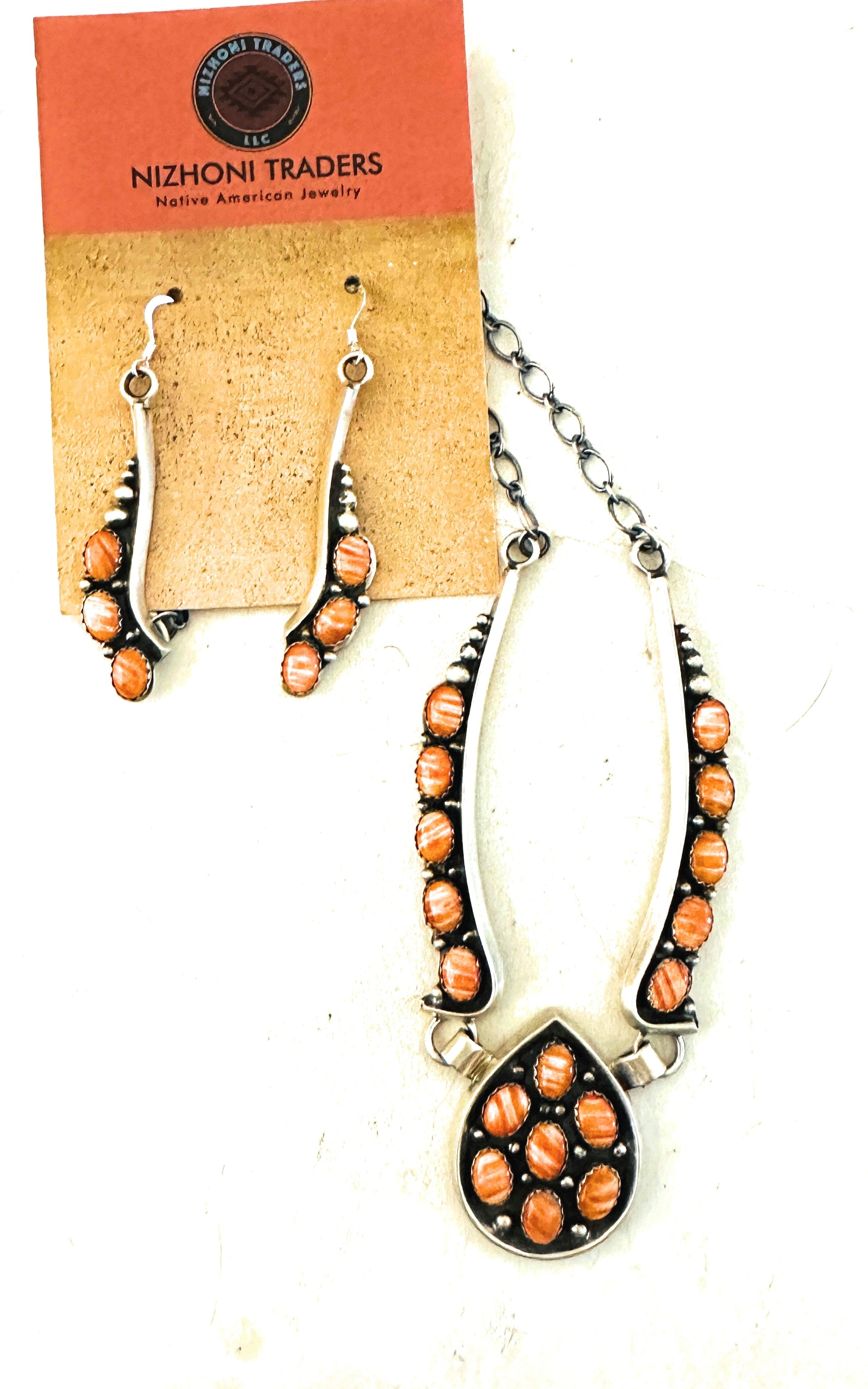 Navajo Sterling Silver & Orange Spiny Oyster Necklace Set