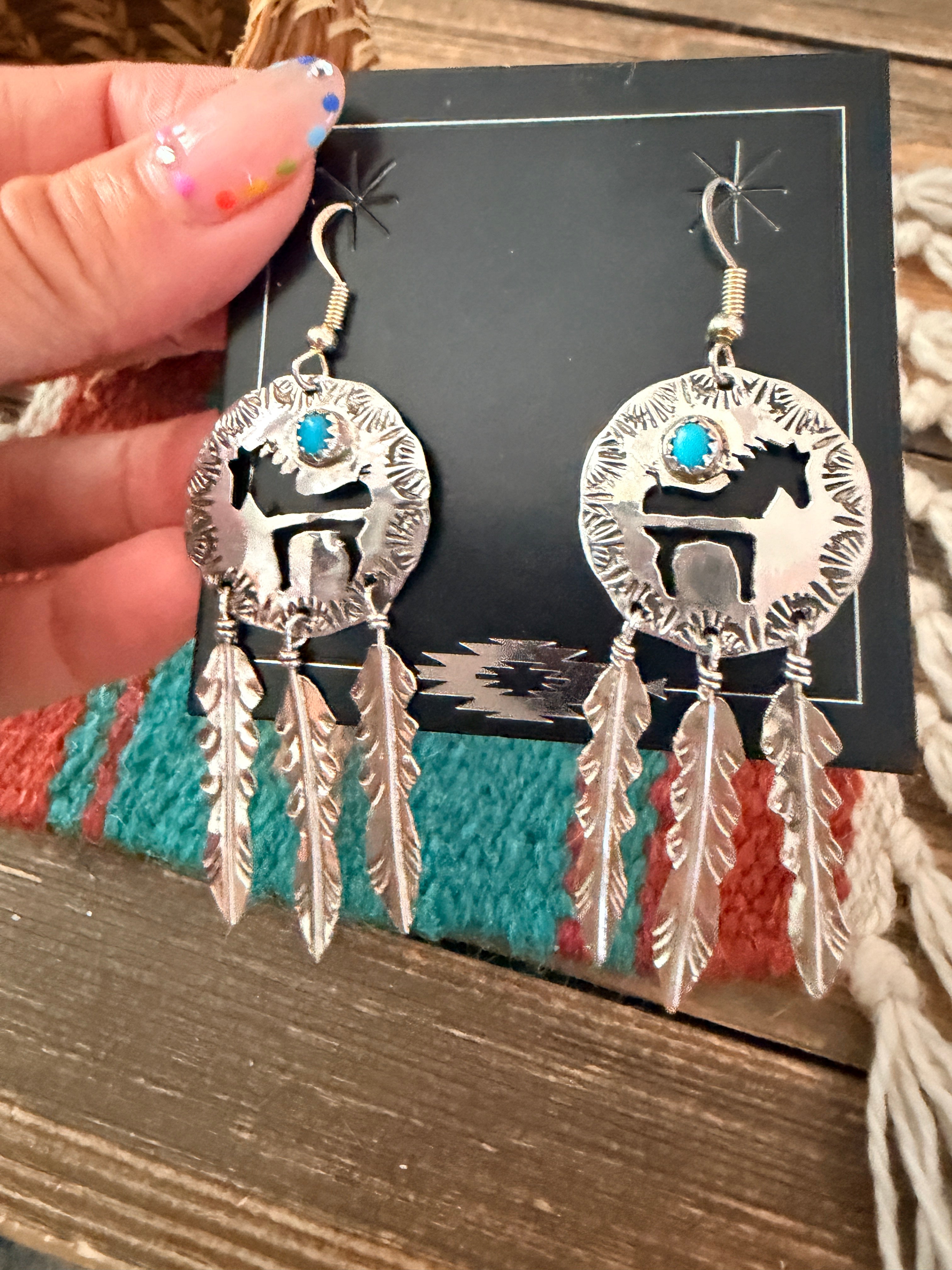 Old Pawn Handcrafted Sterling Silver & Turquoise Horse Feather Dangle Earrings