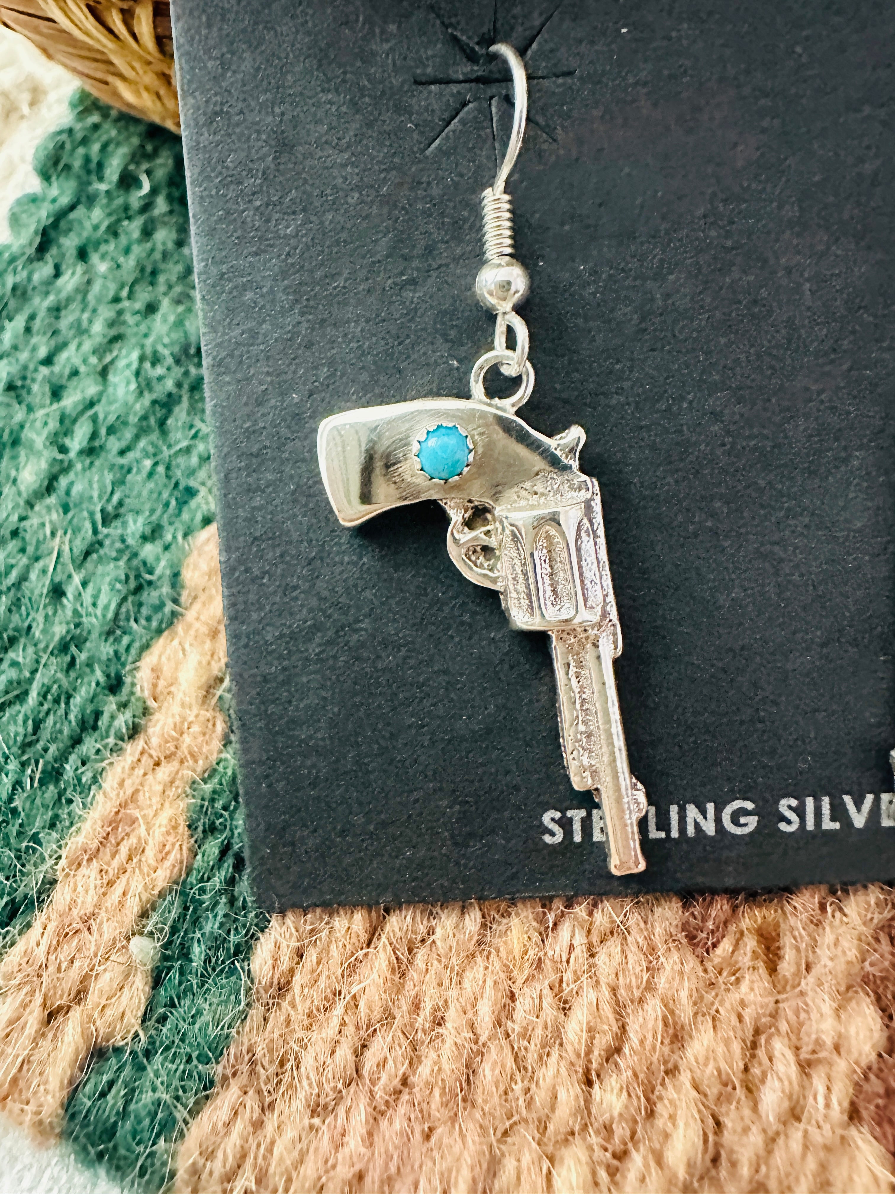 Navajo Turquoise And Sterling Silver Pistol Dangle Earrings