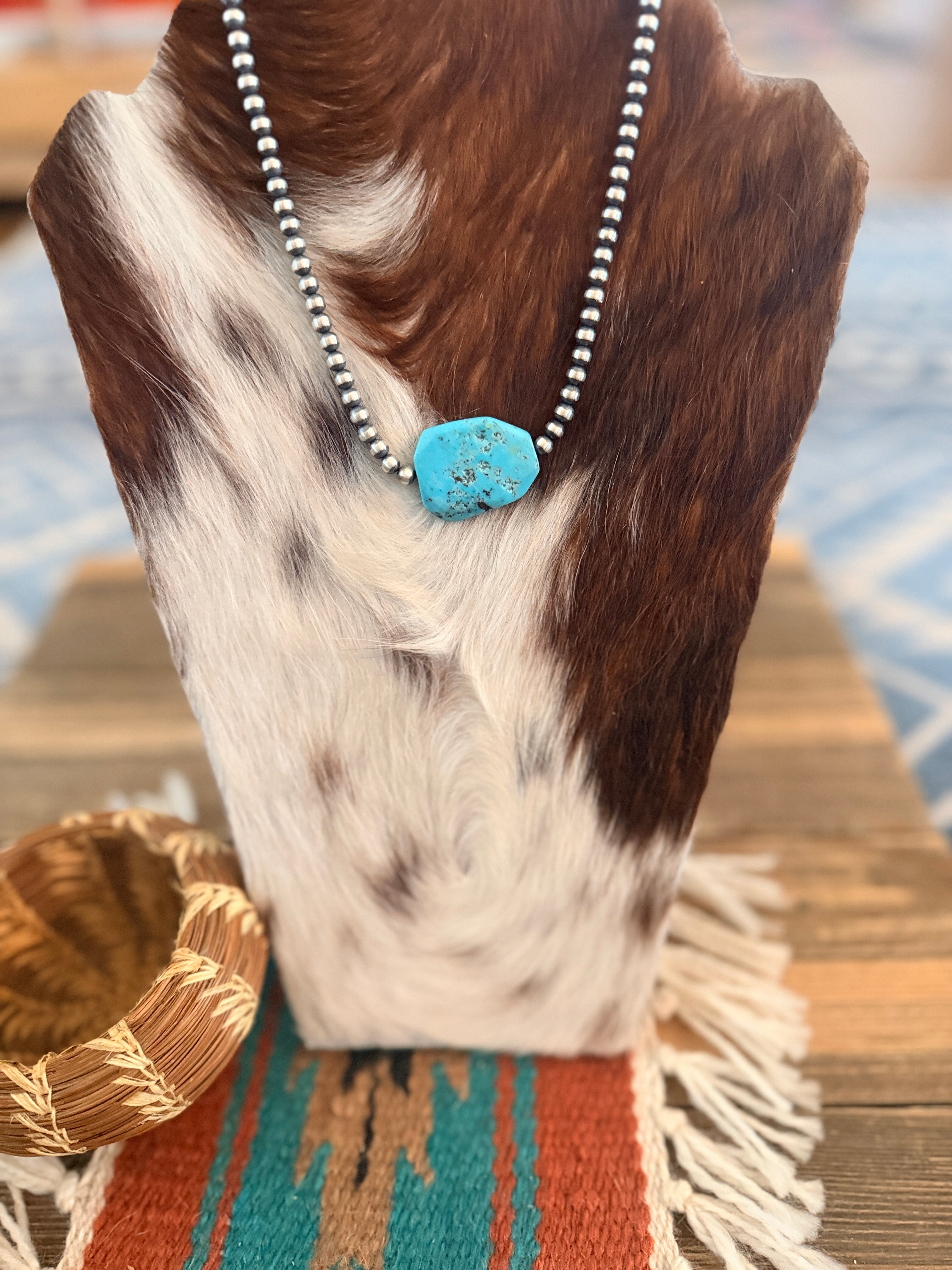 Handcrafted Kingman Turquoise & Sterling Silver Pearl 16” Beaded Necklace