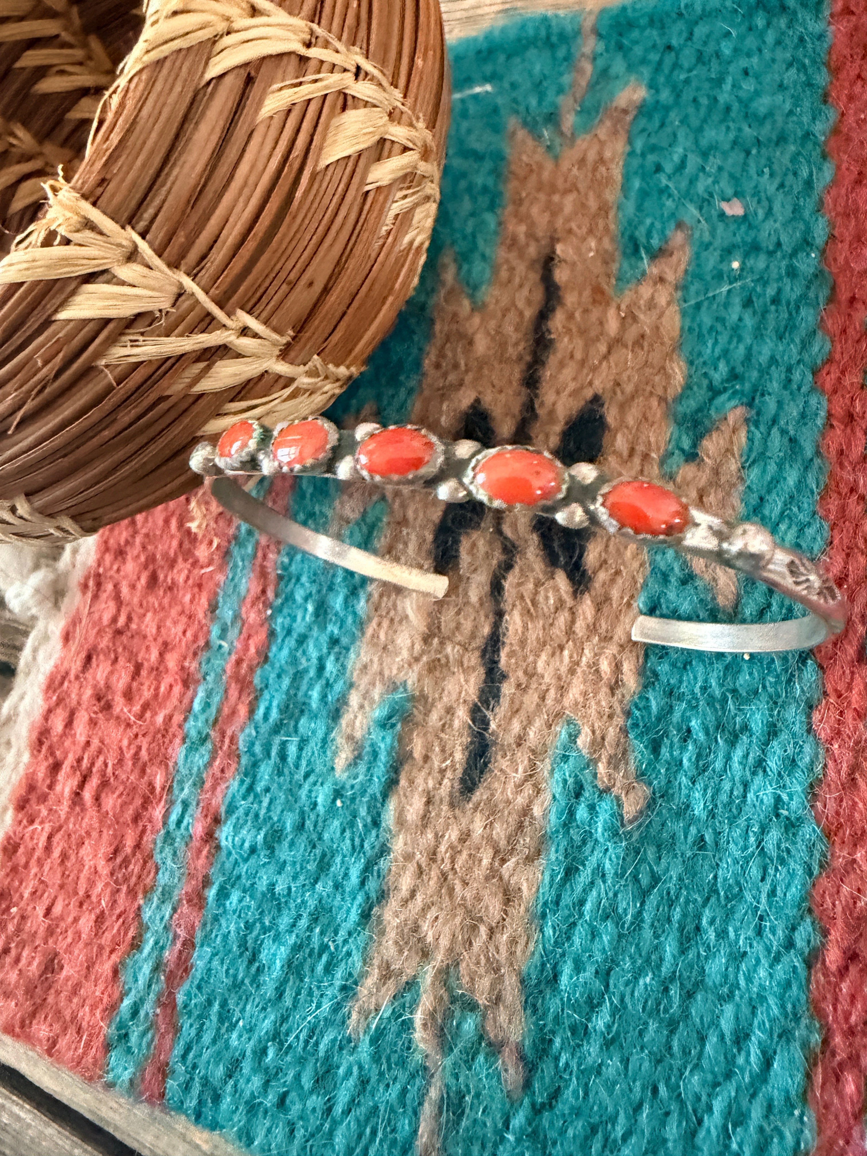Handcrafted Old Pawn Sterling Silver & Coral Cuff Bracelet