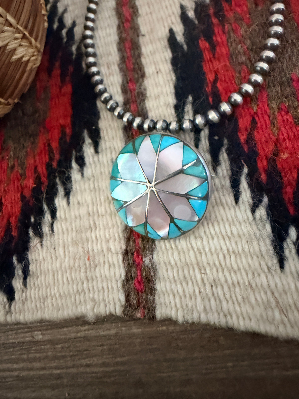 Old Pawn Handcrafted Mother of Pearl,Turquoise and Sterling Silver Inlay Brooch/ Pendant