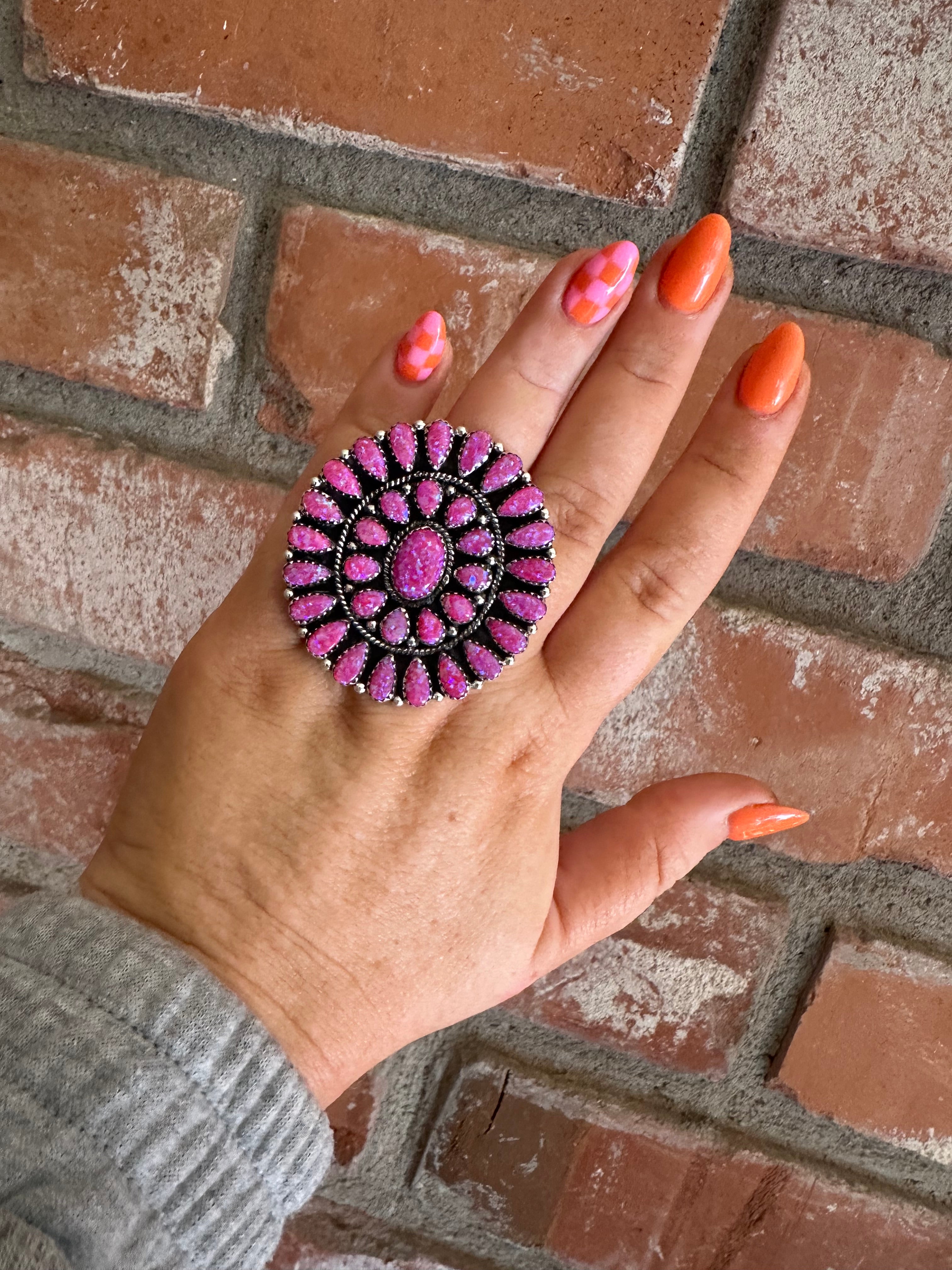 Handmade Hot Pink Fire Opal And Sterling Silver Adjustable Ring