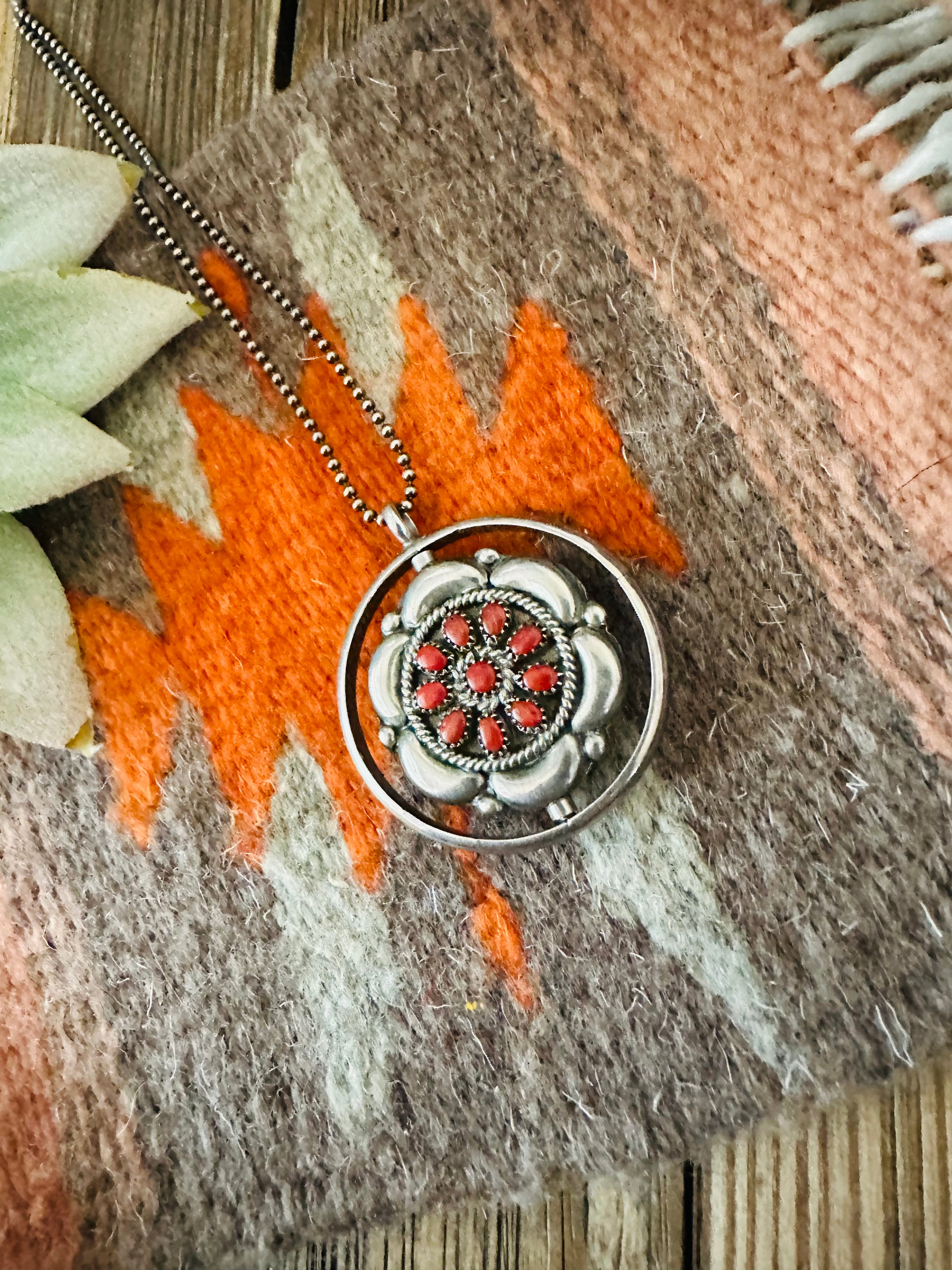 Old Pawn Vintave Navajo Turquoise, Coral & Sterling Silver Double Sided Pendant