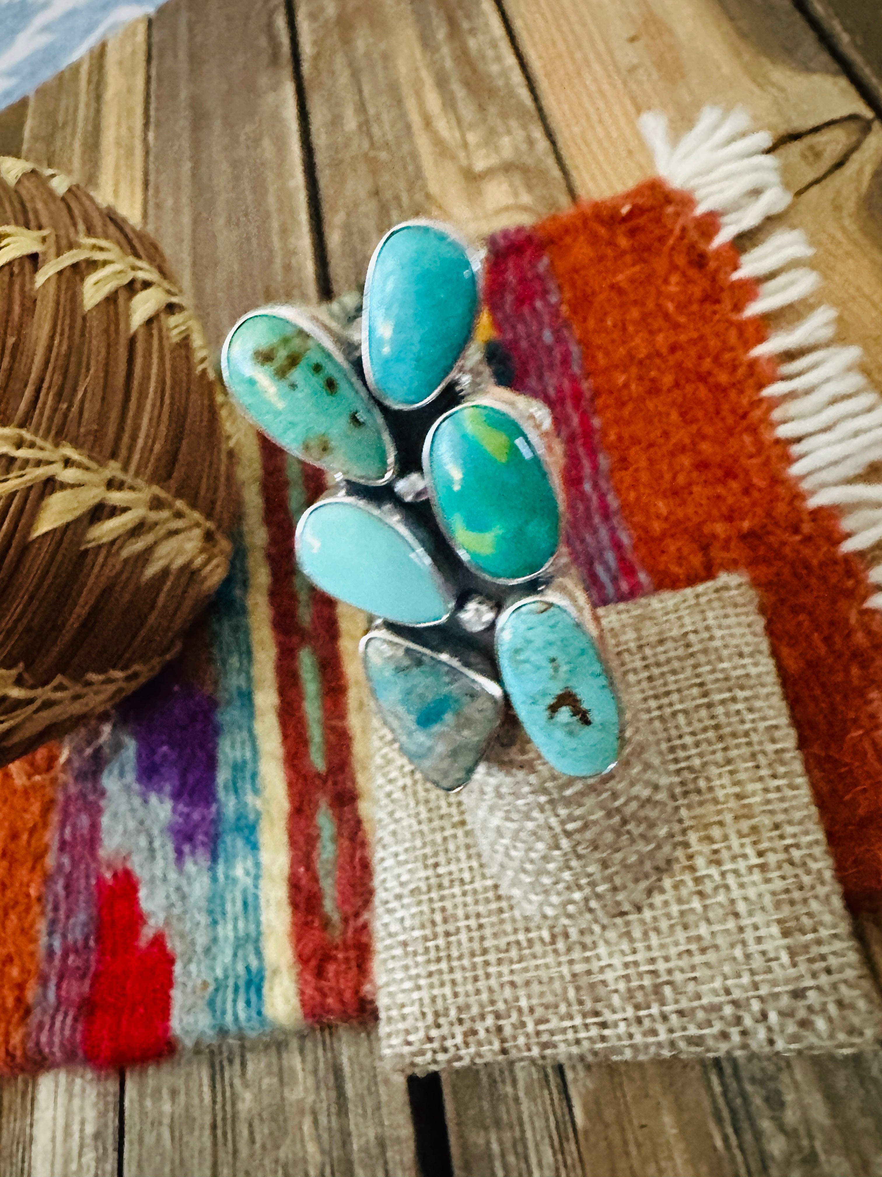 Handcrafted Turquoise & Sterling Silver Cluster Adjustable Ring