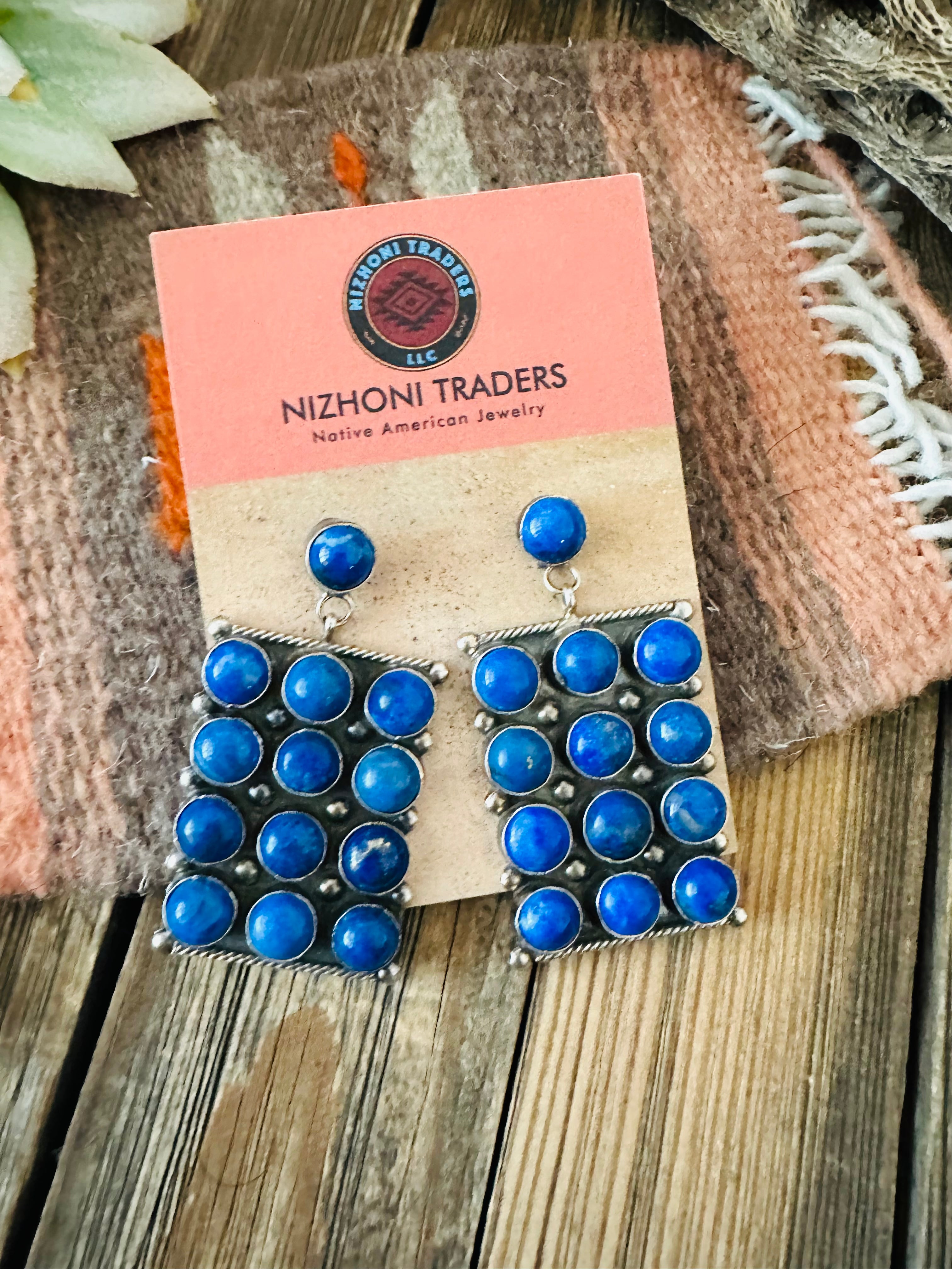 Navajo Lapis & Sterling Silver Cluster Dangle Earrings