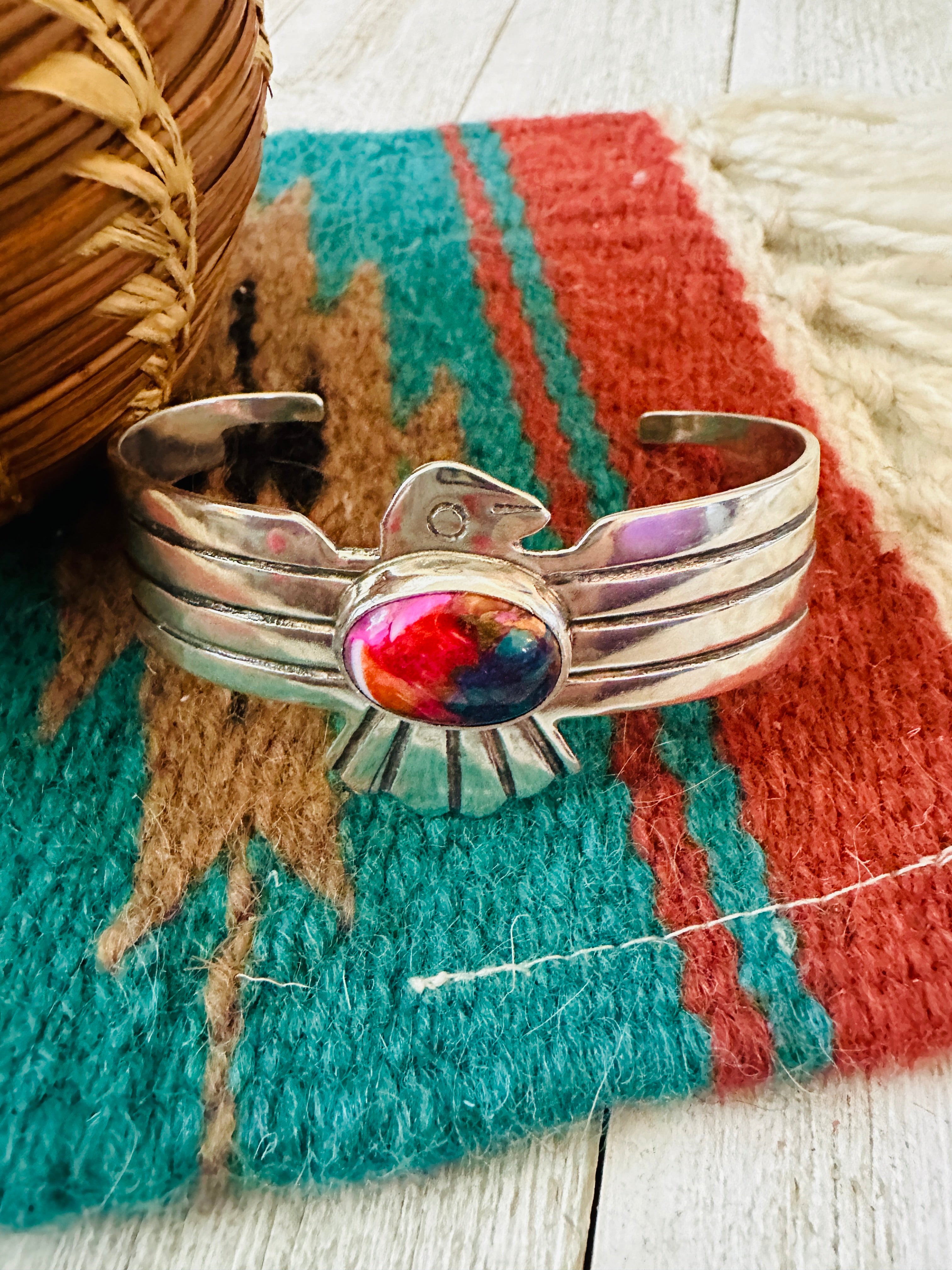 Navajo Pink Dream Mojave & Sterling Silver Thunderbird Cuff Bracelet