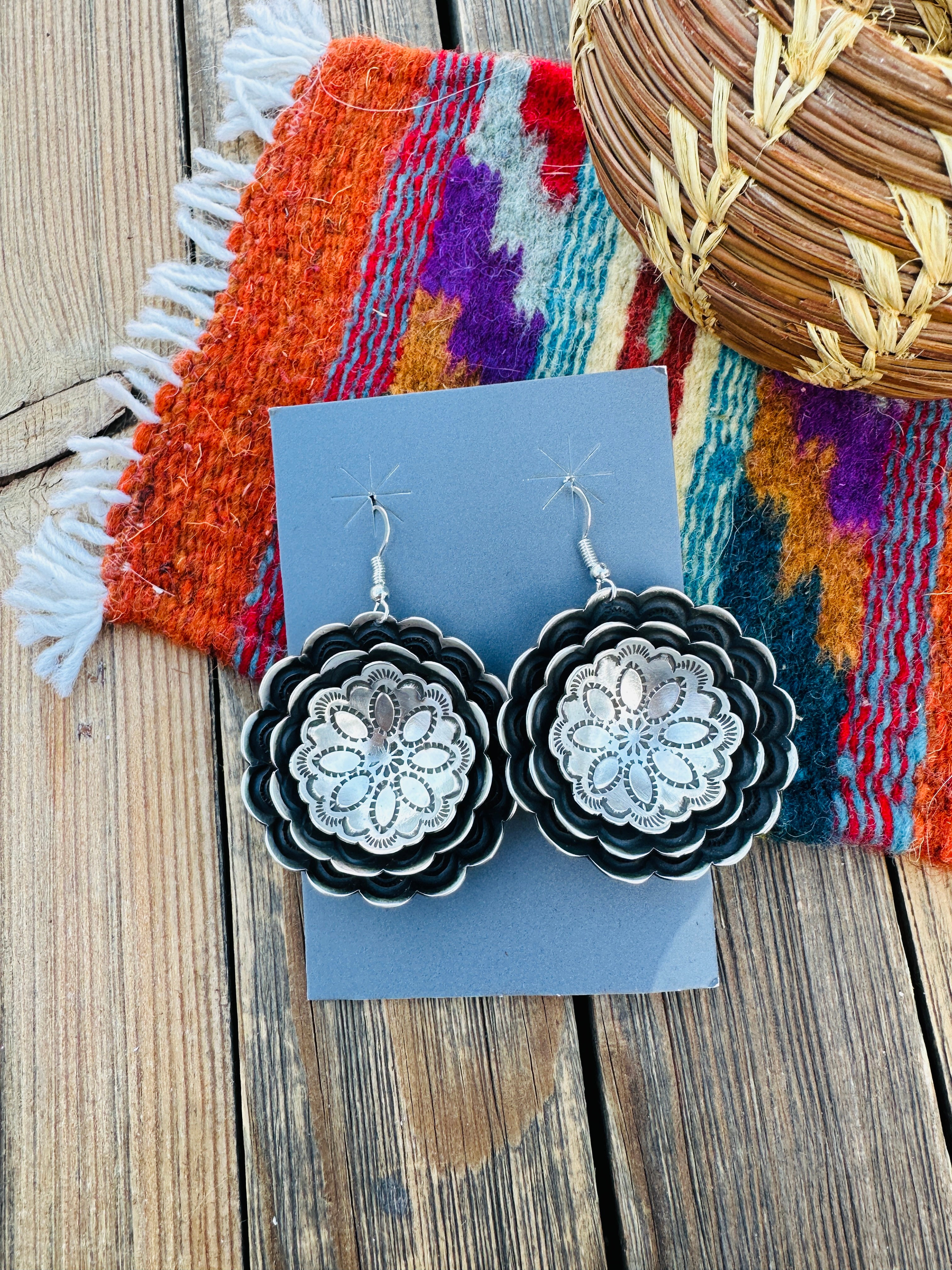 Handcrafted Sterling Silver Concho Dangle Earrings by Leander Tahe