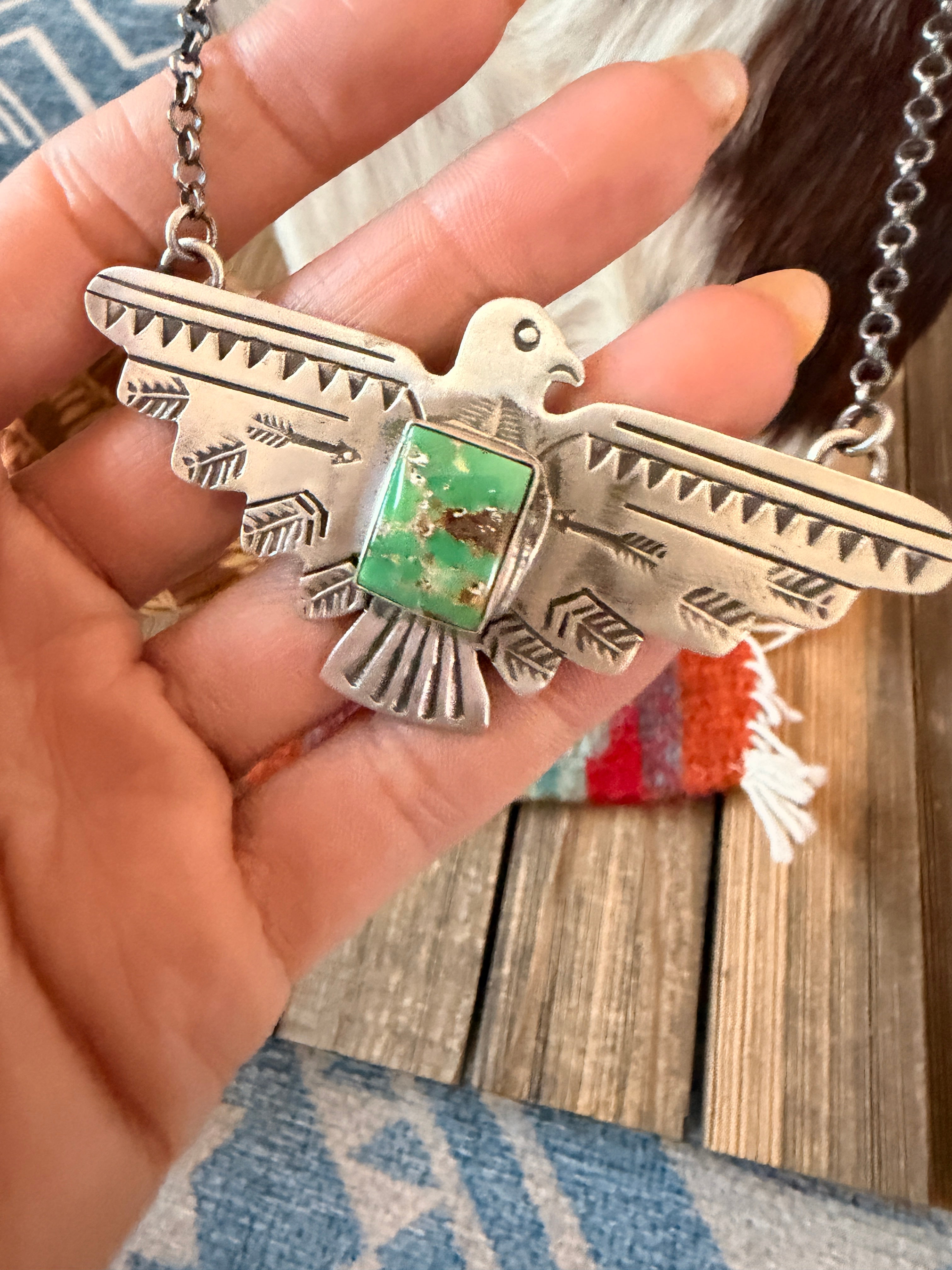 Handcrafted Turquoise & Sterling Silver Thunderbird Necklace by Russell Sam