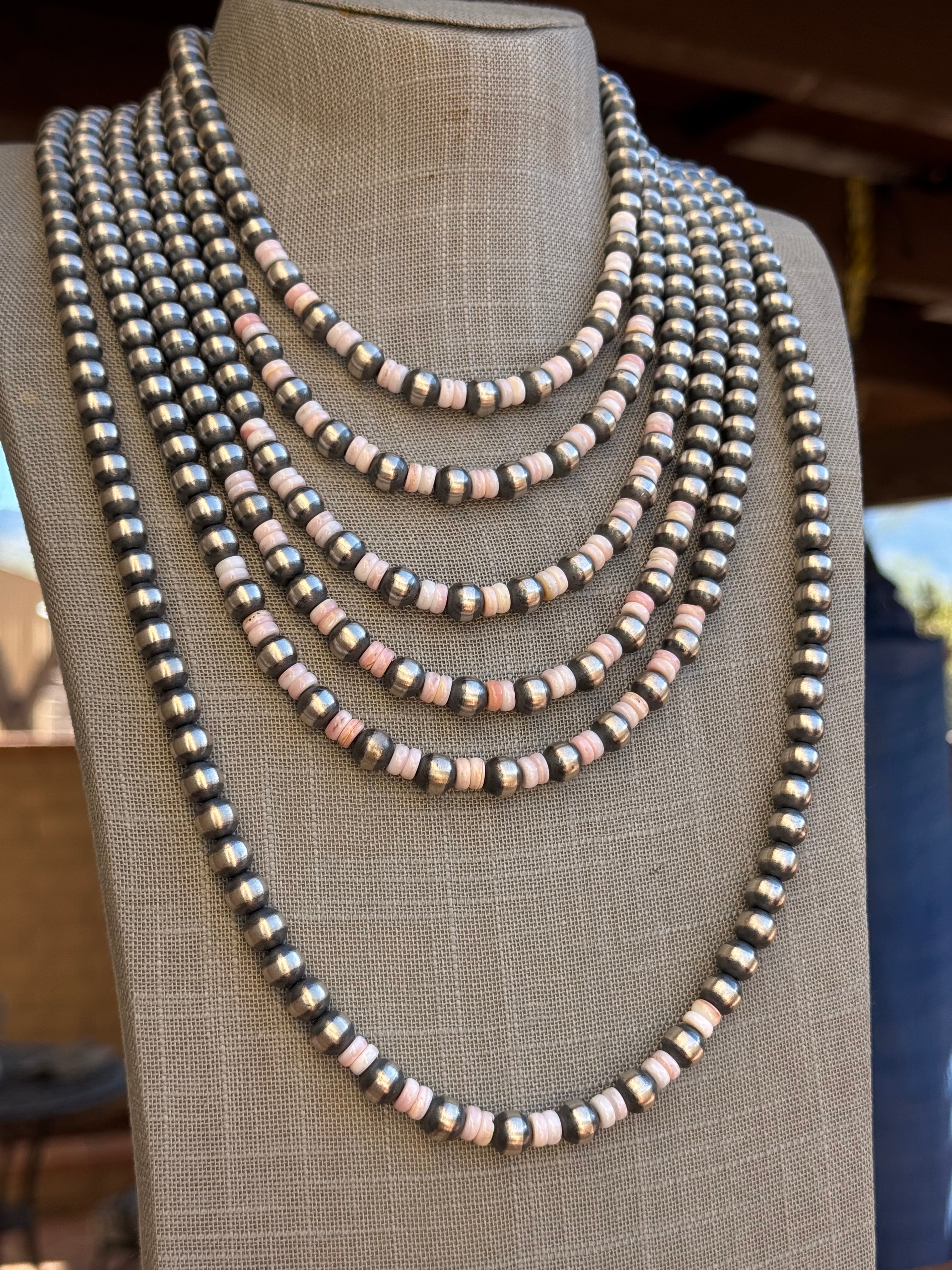 Handcrafted  Sterling Silver Pearl & Queen Pink Conch Beaded Necklace 8mm