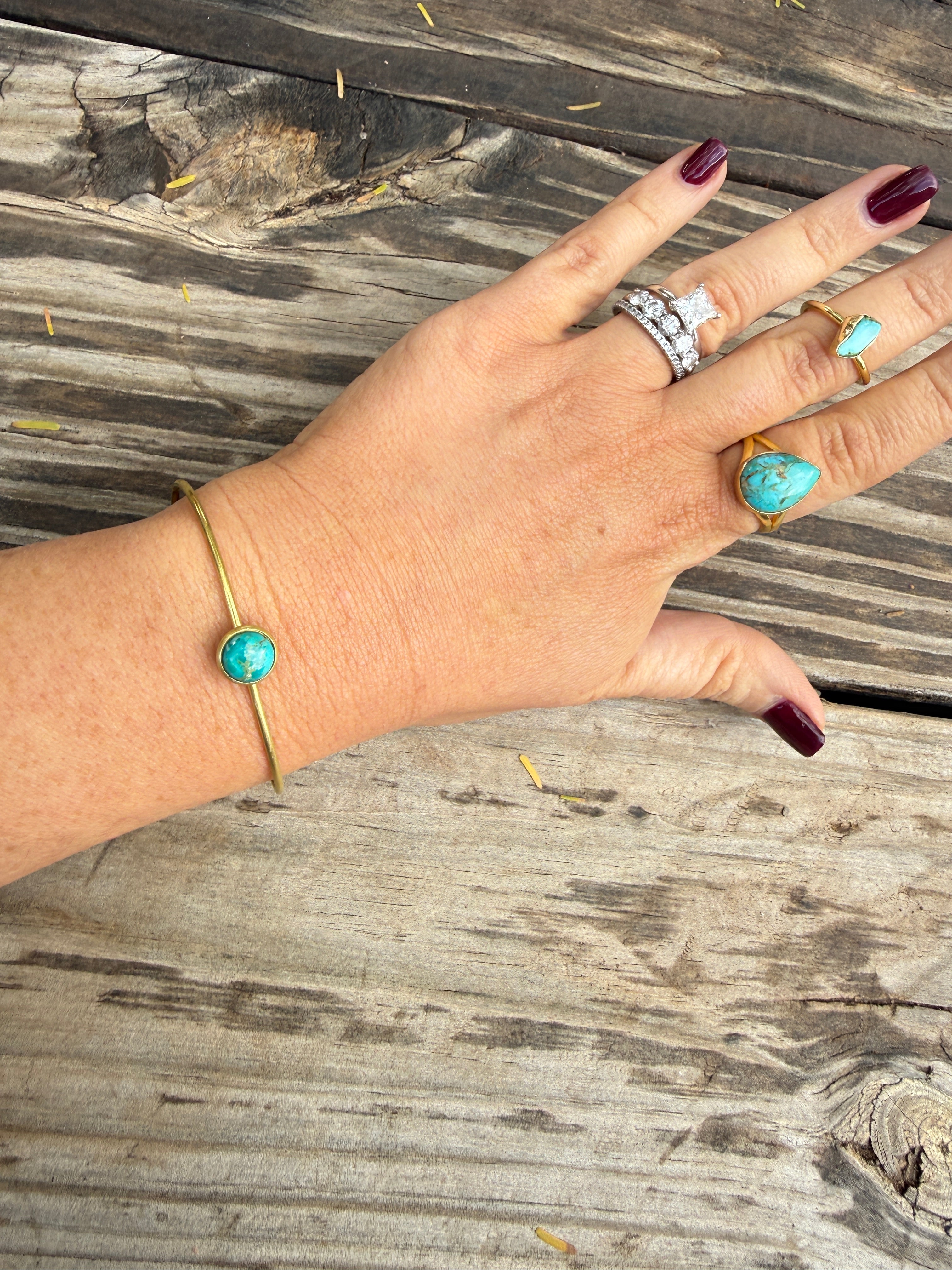 “The Golden Collection” Handmade 8mm Natural Turquoise Gold Plated Sterling Silver Adjustable Bracelet Cuff