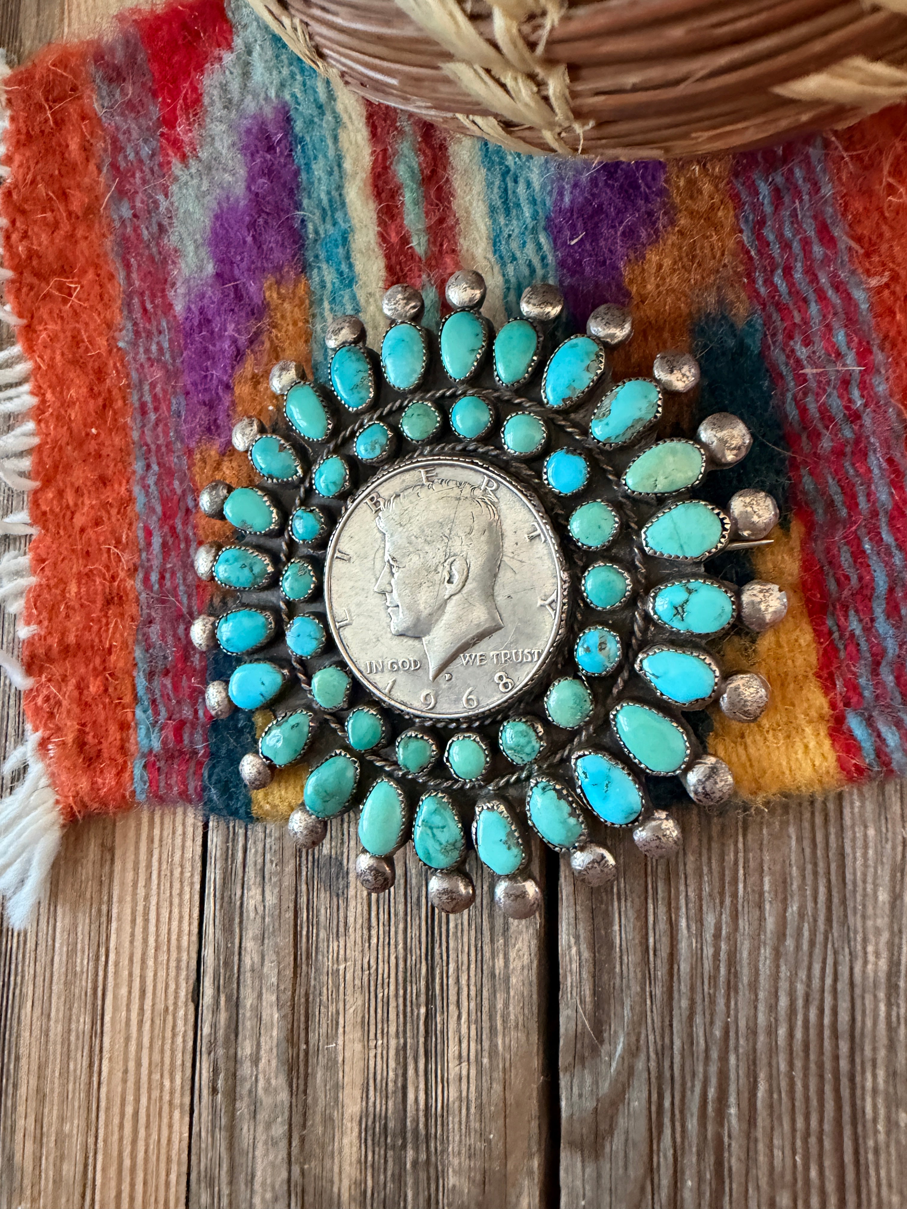 Old Pawn Handcrafted Turquoise and Sterling Silver Liberty Coin Cluster Brooch