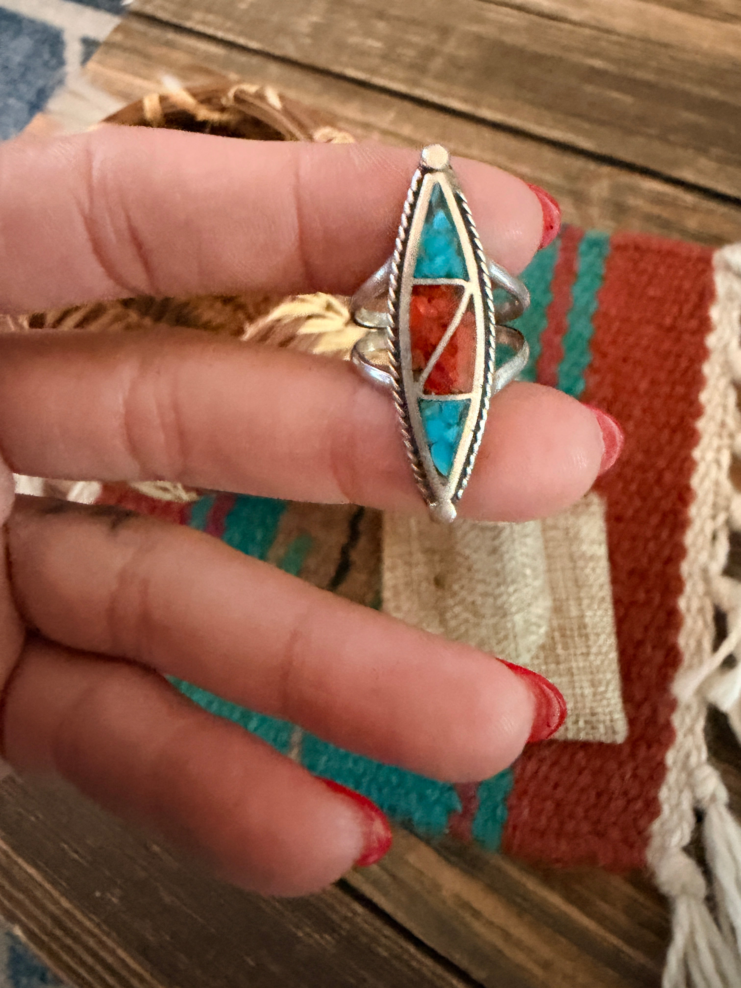 Old Pawn Handcrafted Turquoise, Coral & Sterling Silver Chip Inlay Ring Size 5