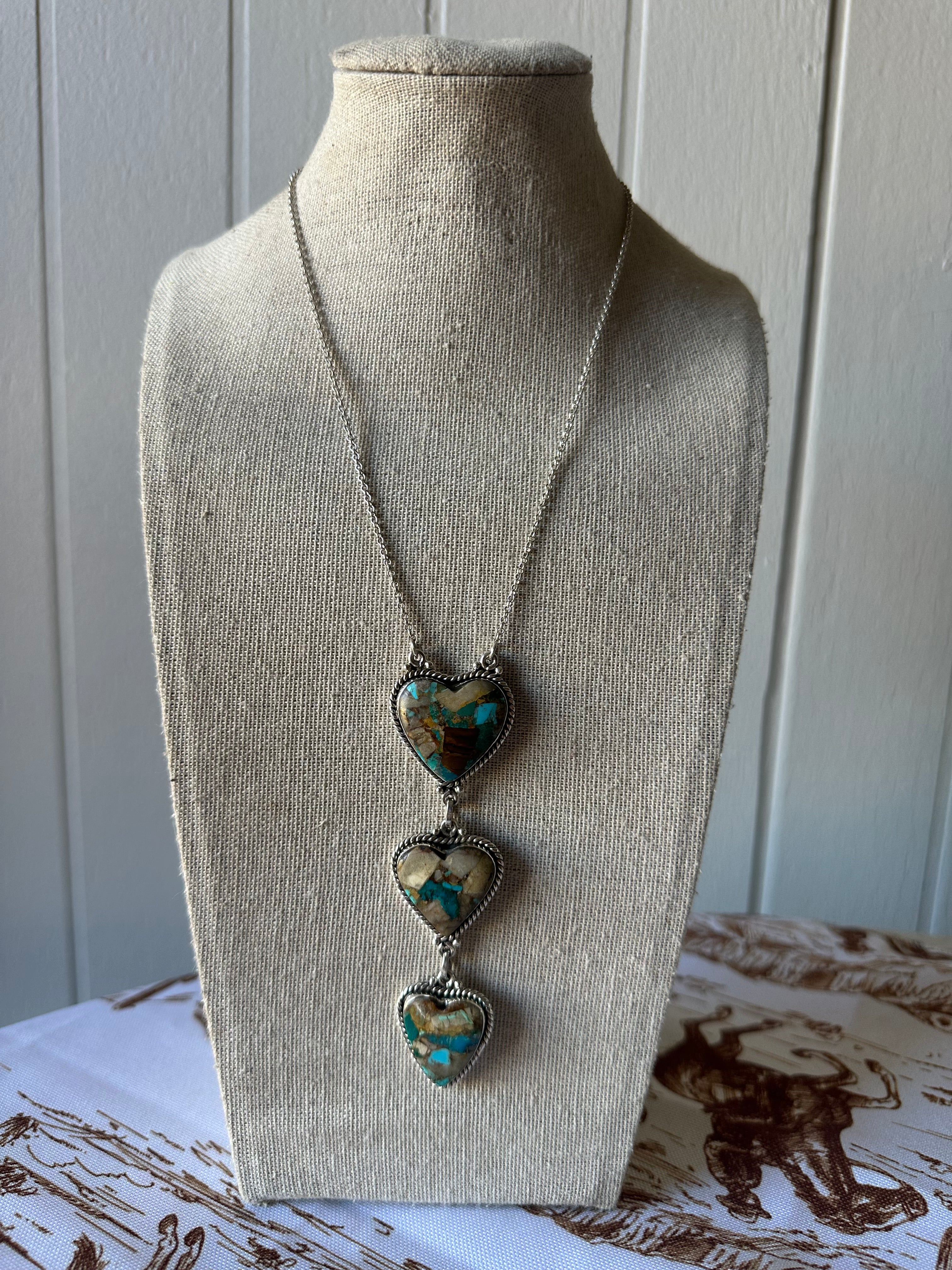 Beautiful Handmade Sterling Silver & Turquoise 3 Stone Heart Necklace