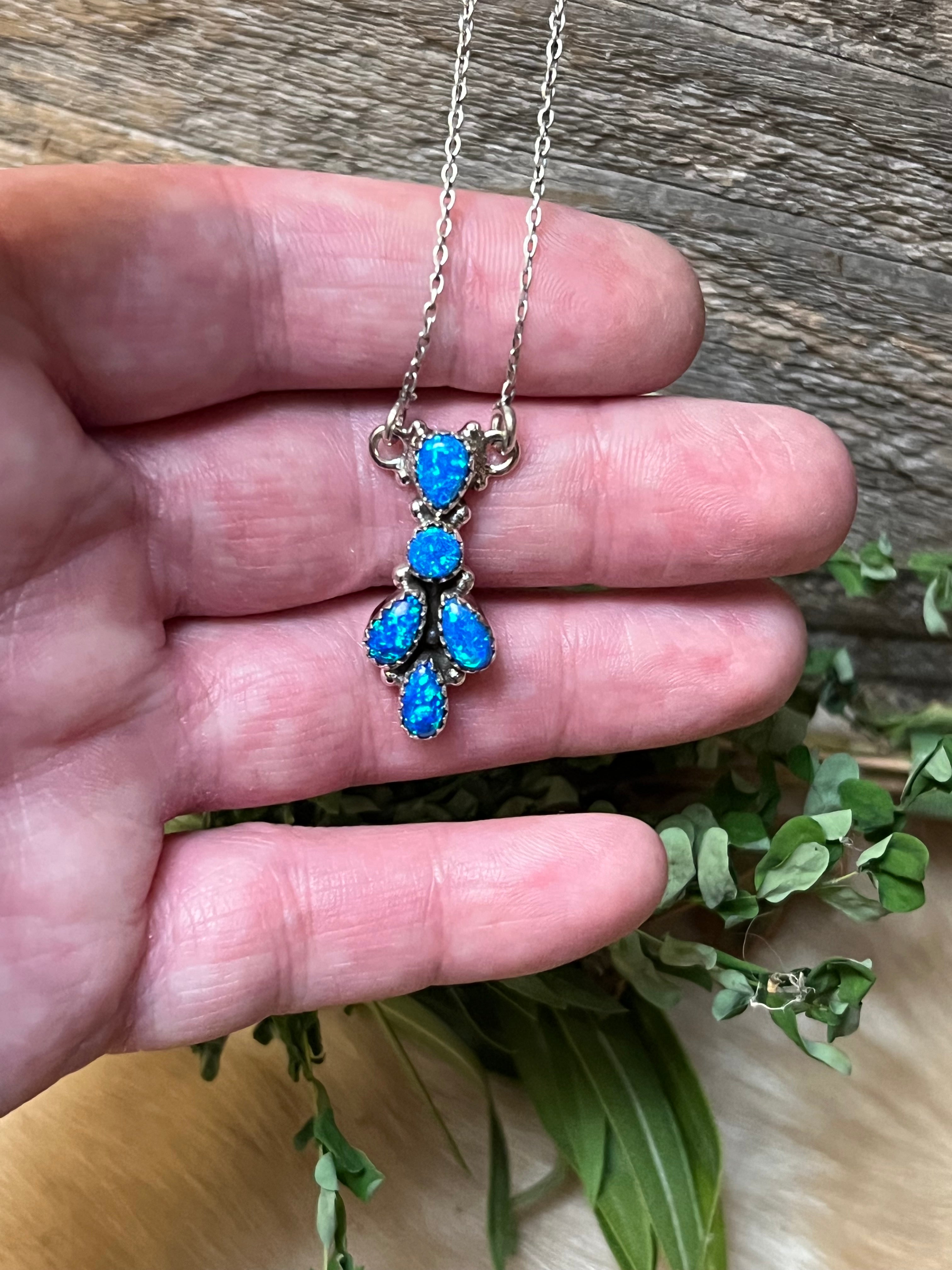 Handmade Blue Opal Tear Drop Cluster Sterling Silver Necklace