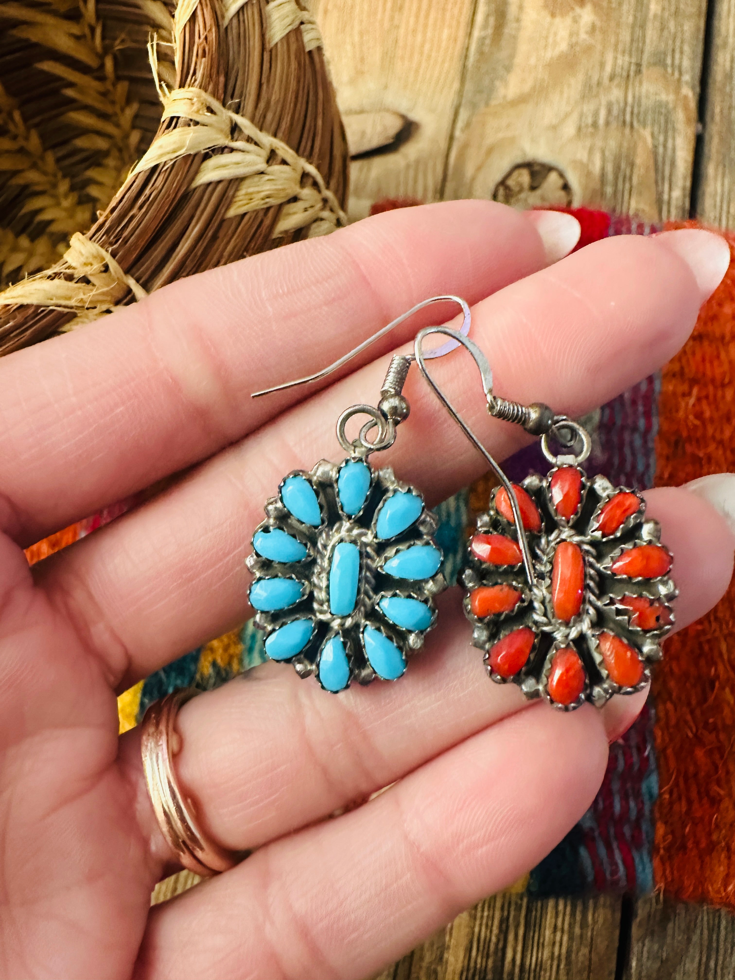 Old Pawn Vintage Handcrafted Turquoise, Coral & Sterling Silver Reversible Dangle Earrings