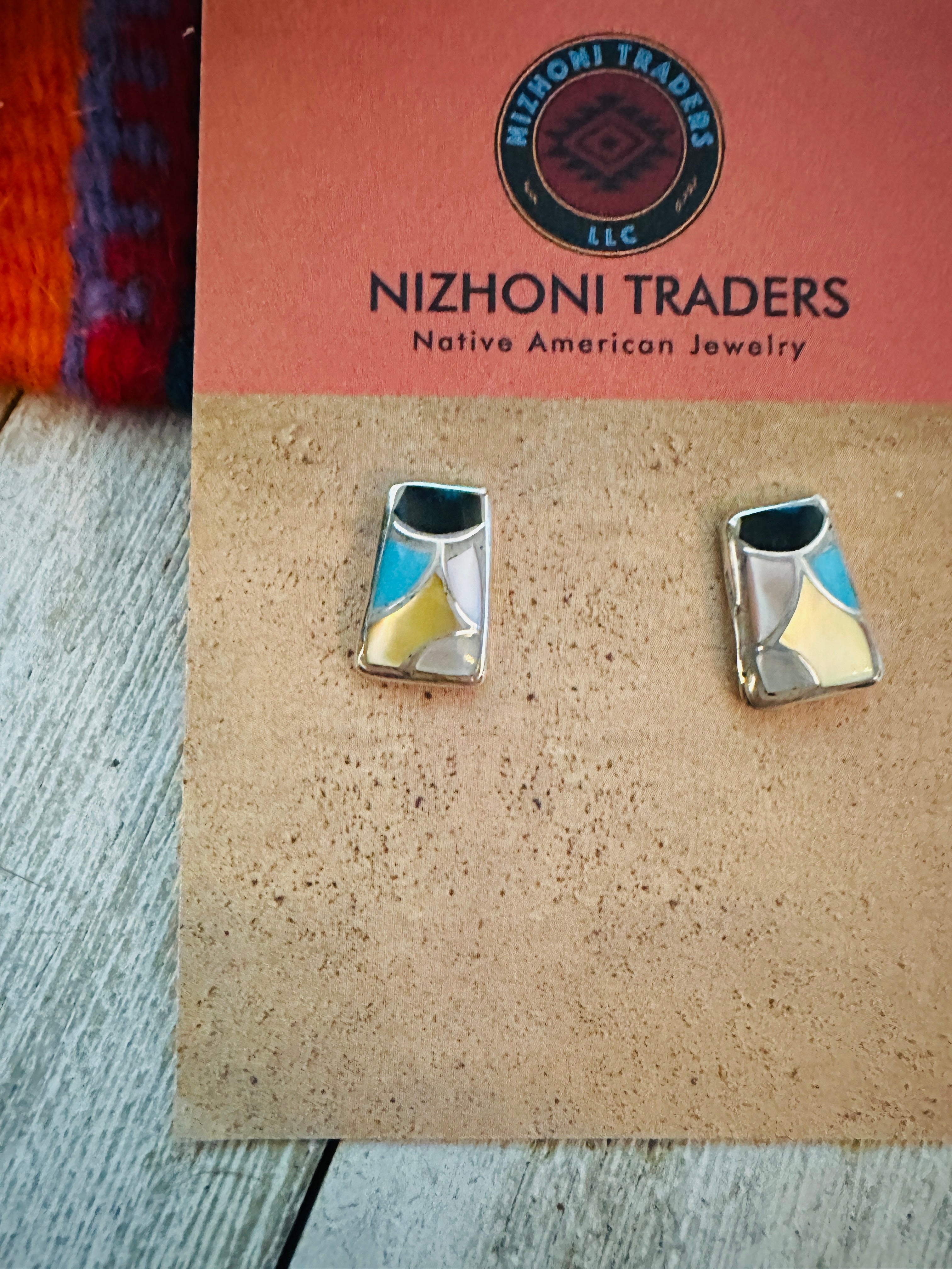 Zuni Multi Stone & Sterling Silver Inlay Stud Earrings