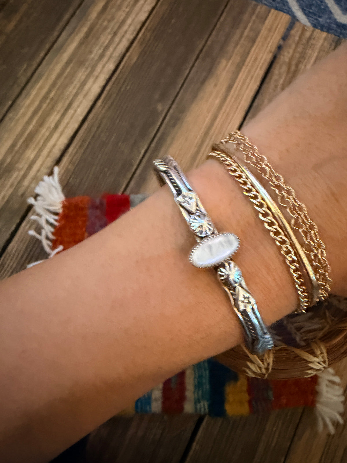 Handcrafted Sterling Silver and Mother of Pearl Cuff Bracelet