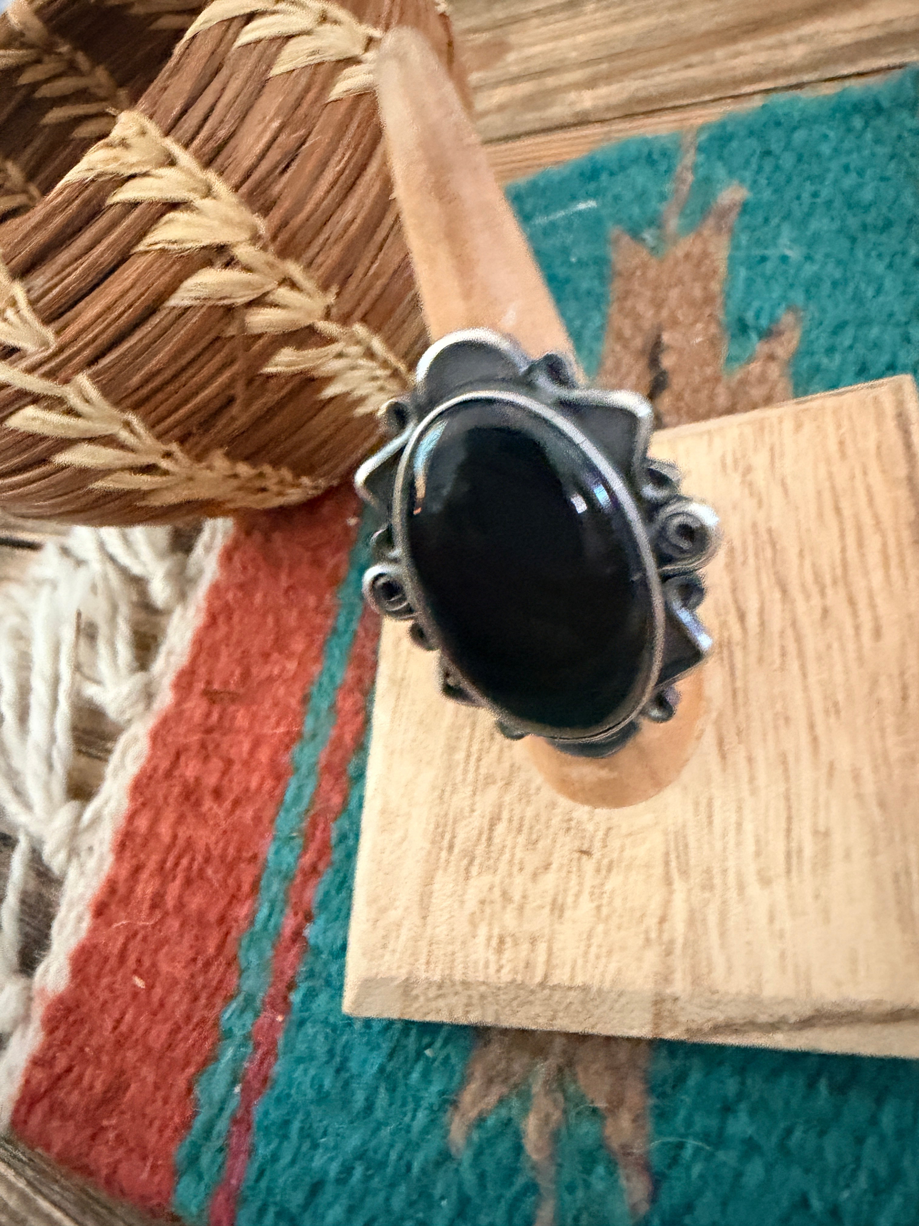 Handcrafted Black Onyx & Sterling Silver Ring Size 6.75