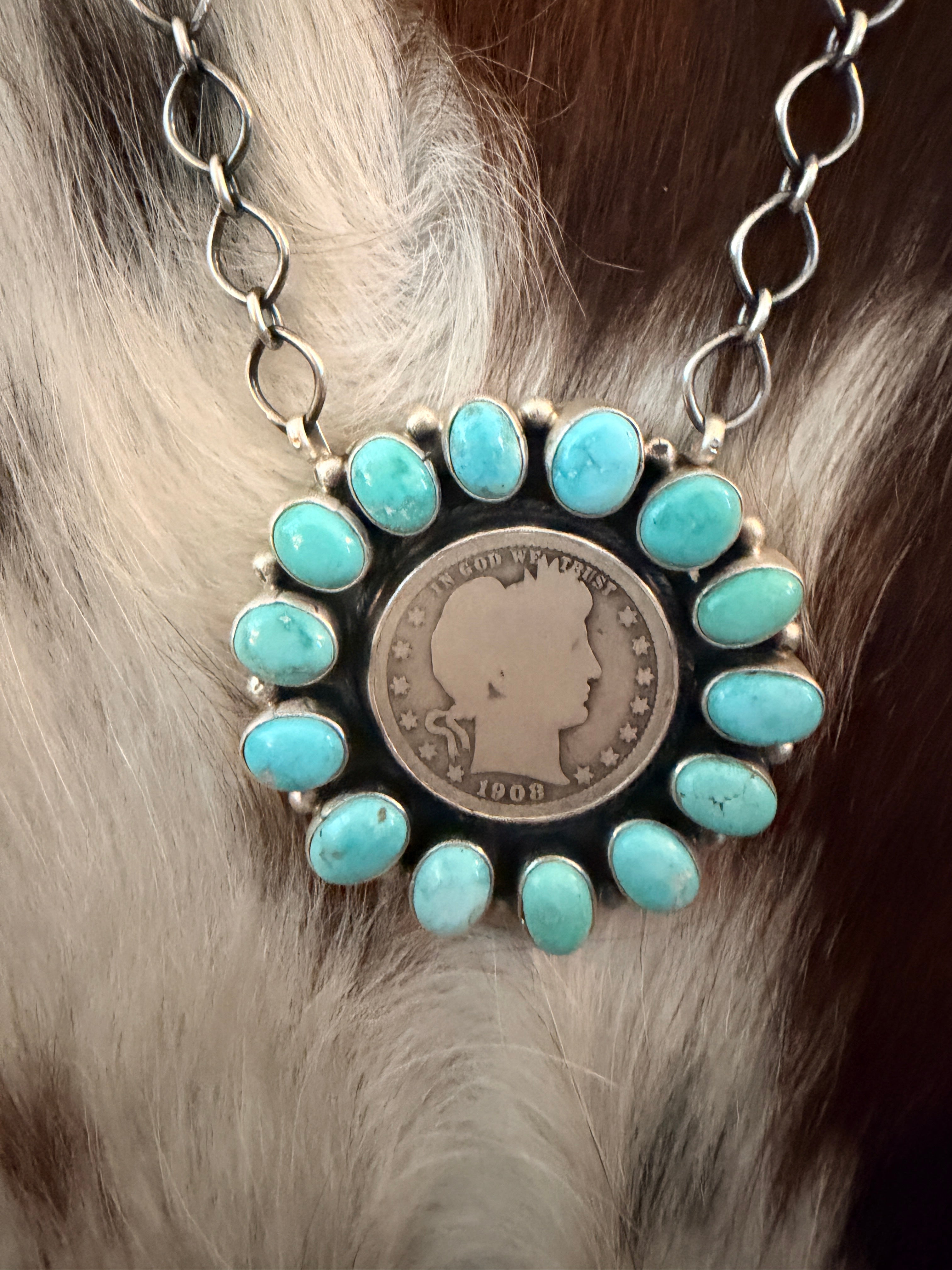 Handcrafted Turquoise & Sterling Silver Liberty Dime Necklace by Travis Jim