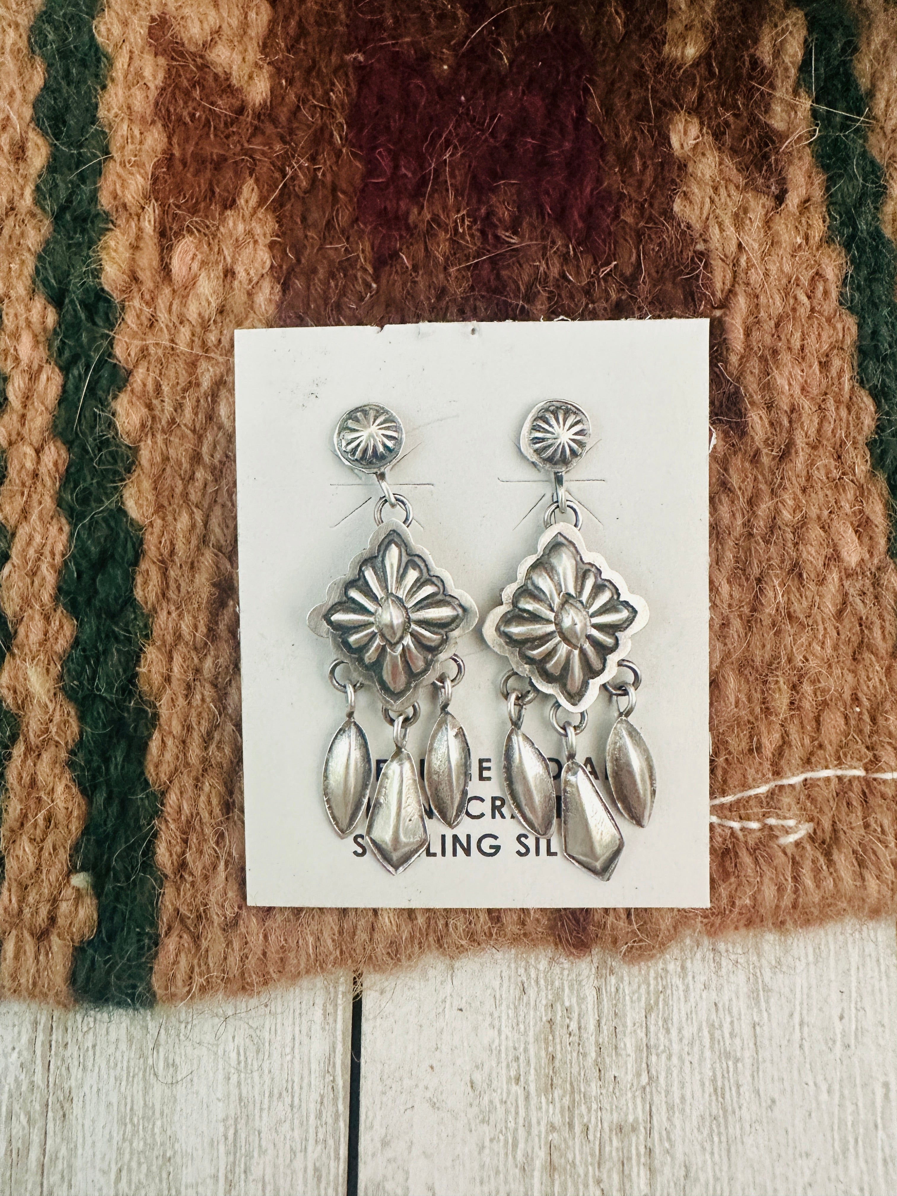 Navajo Hand Stamped Sterling Silver Concho Tassel Dangle Earrings