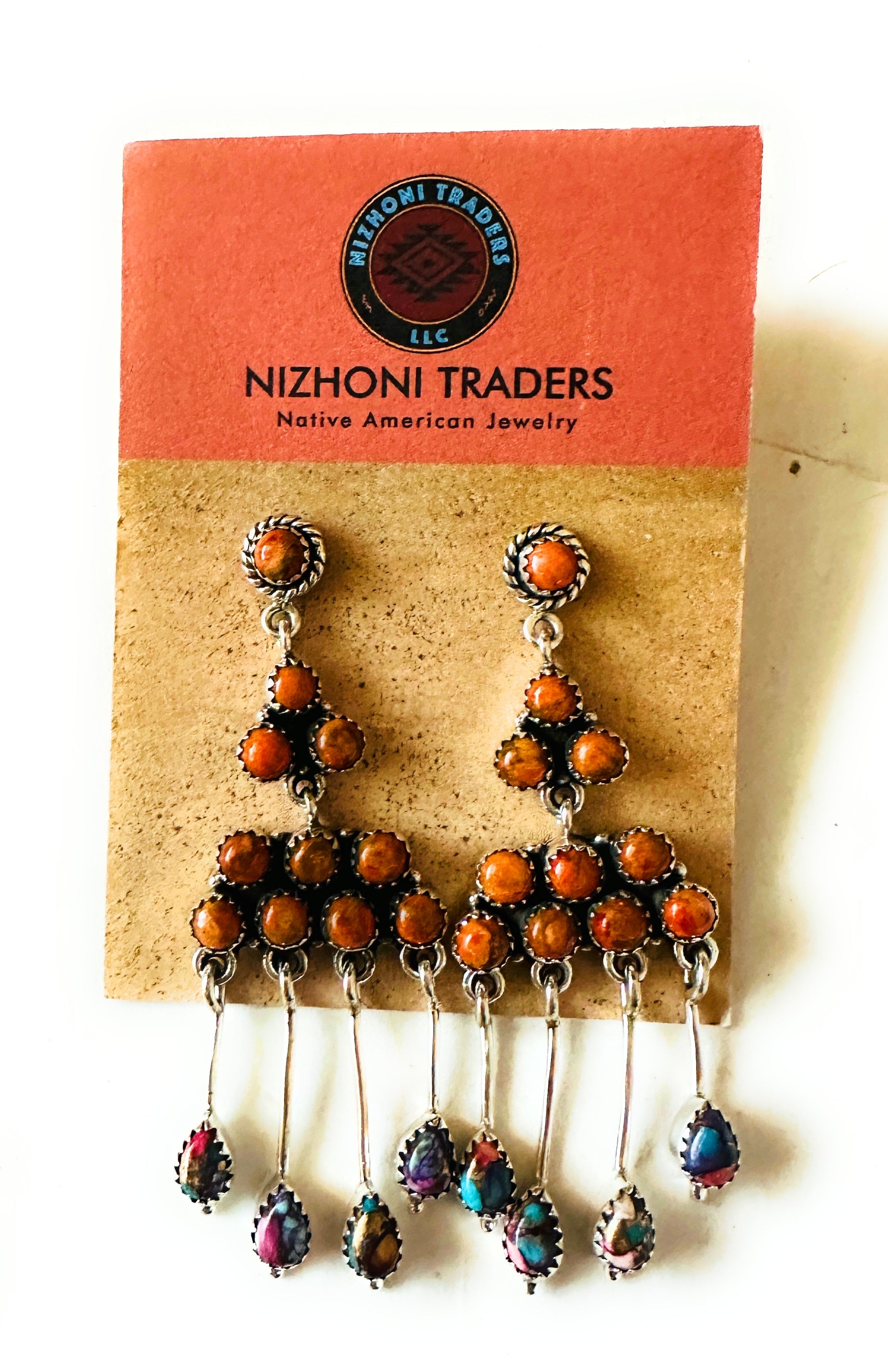 Handmade Orange Spiny, Pink Dream & Sterling Silver Chandelier Dangle Earrings by Nizhoni